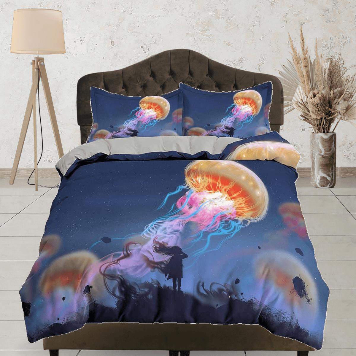 daintyduvet Orange jellyfish & girl bedding duvet cover, ocean blush sea animal bedding set full king queen twin crib toddler, college dorm bedding gift