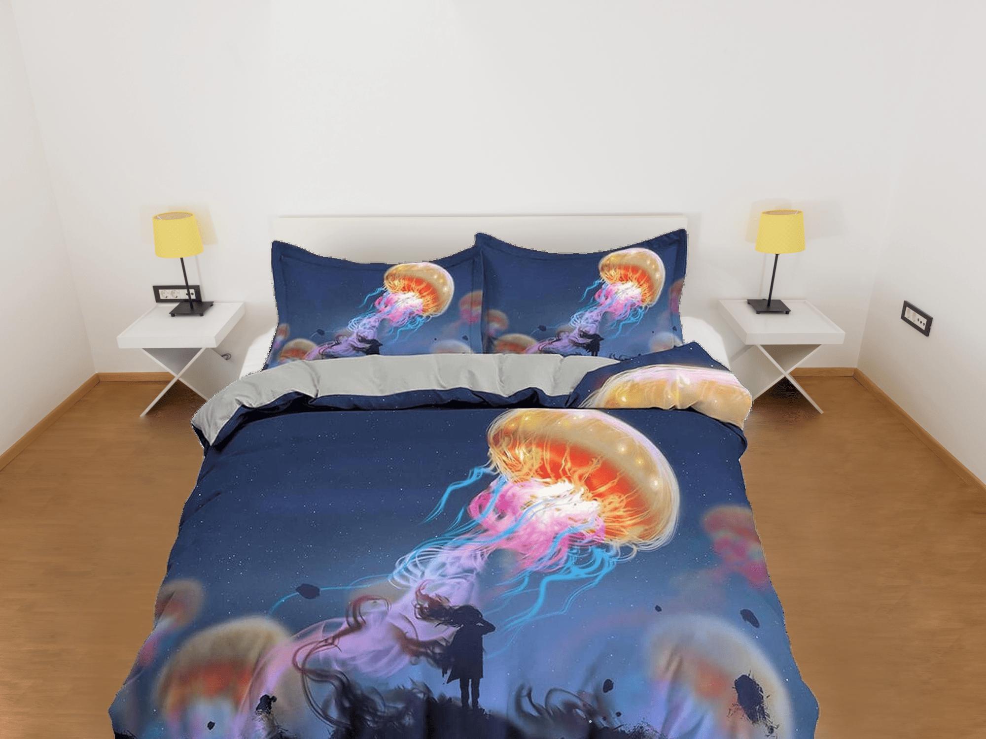 daintyduvet Orange jellyfish & girl bedding duvet cover, ocean blush sea animal bedding set full king queen twin crib toddler, college dorm bedding gift