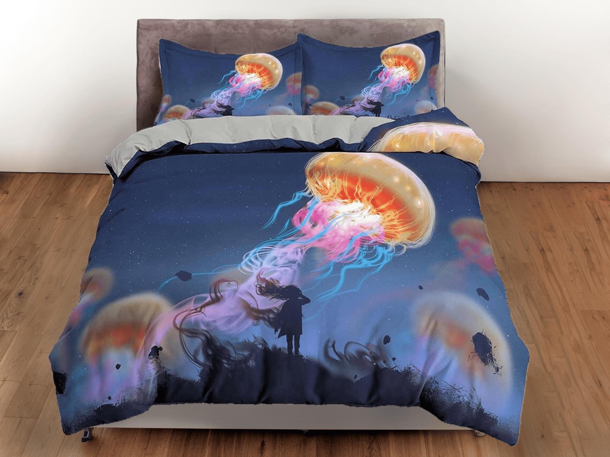 daintyduvet Orange jellyfish & girl bedding duvet cover, ocean blush sea animal bedding set full king queen twin crib toddler, college dorm bedding gift