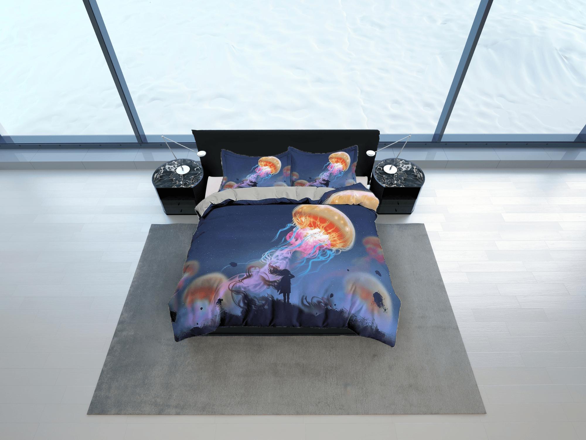 daintyduvet Orange jellyfish & girl bedding duvet cover, ocean blush sea animal bedding set full king queen twin crib toddler, college dorm bedding gift