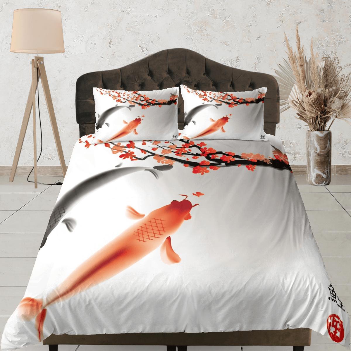 daintyduvet Orange koi fish oriental bedding, aesthetic japanese art duvet cover set for king, queen, full, twin, single, toddler bed, zipper bedding