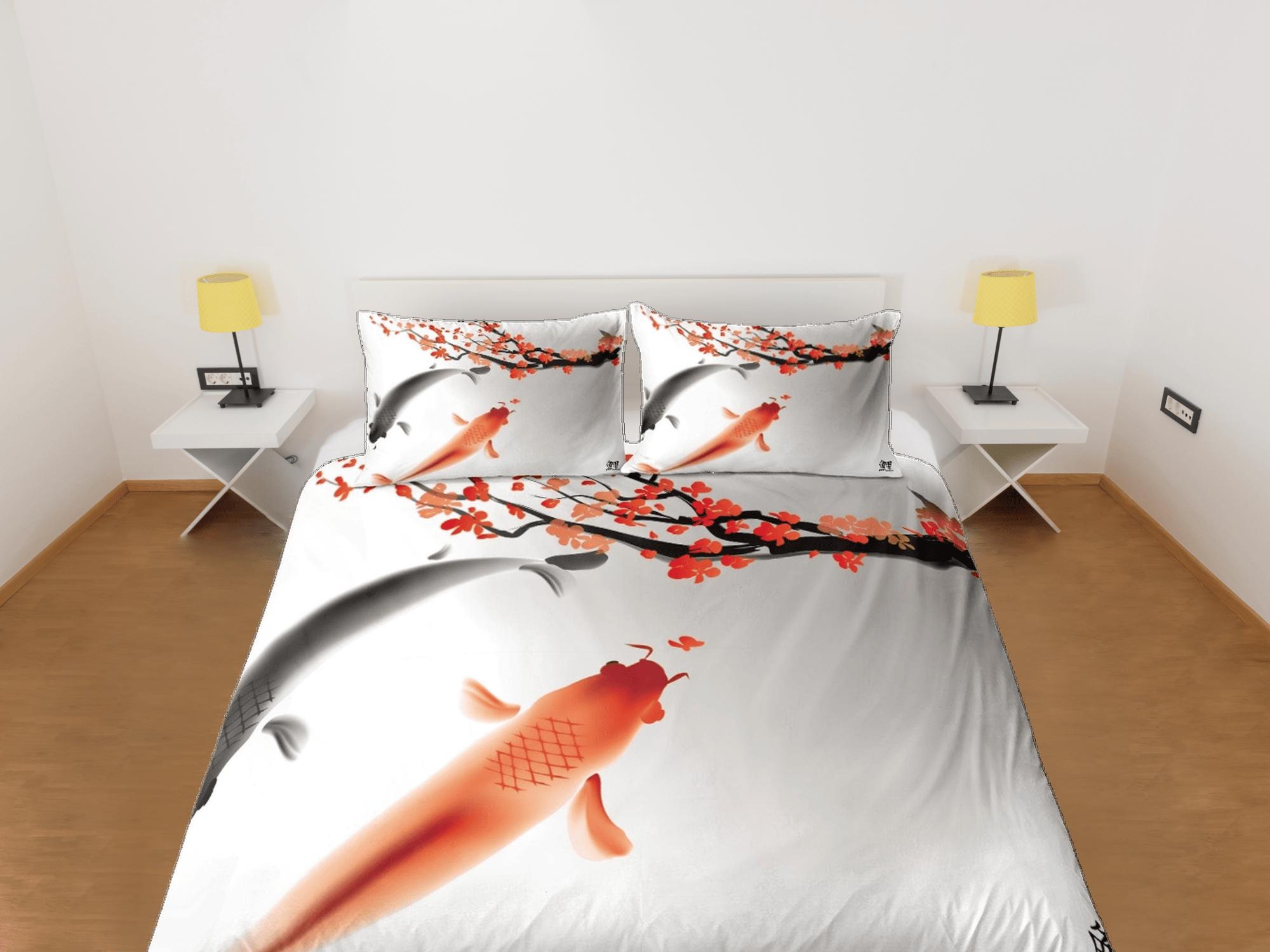 daintyduvet Orange koi fish oriental bedding, aesthetic japanese art duvet cover set for king, queen, full, twin, single, toddler bed, zipper bedding
