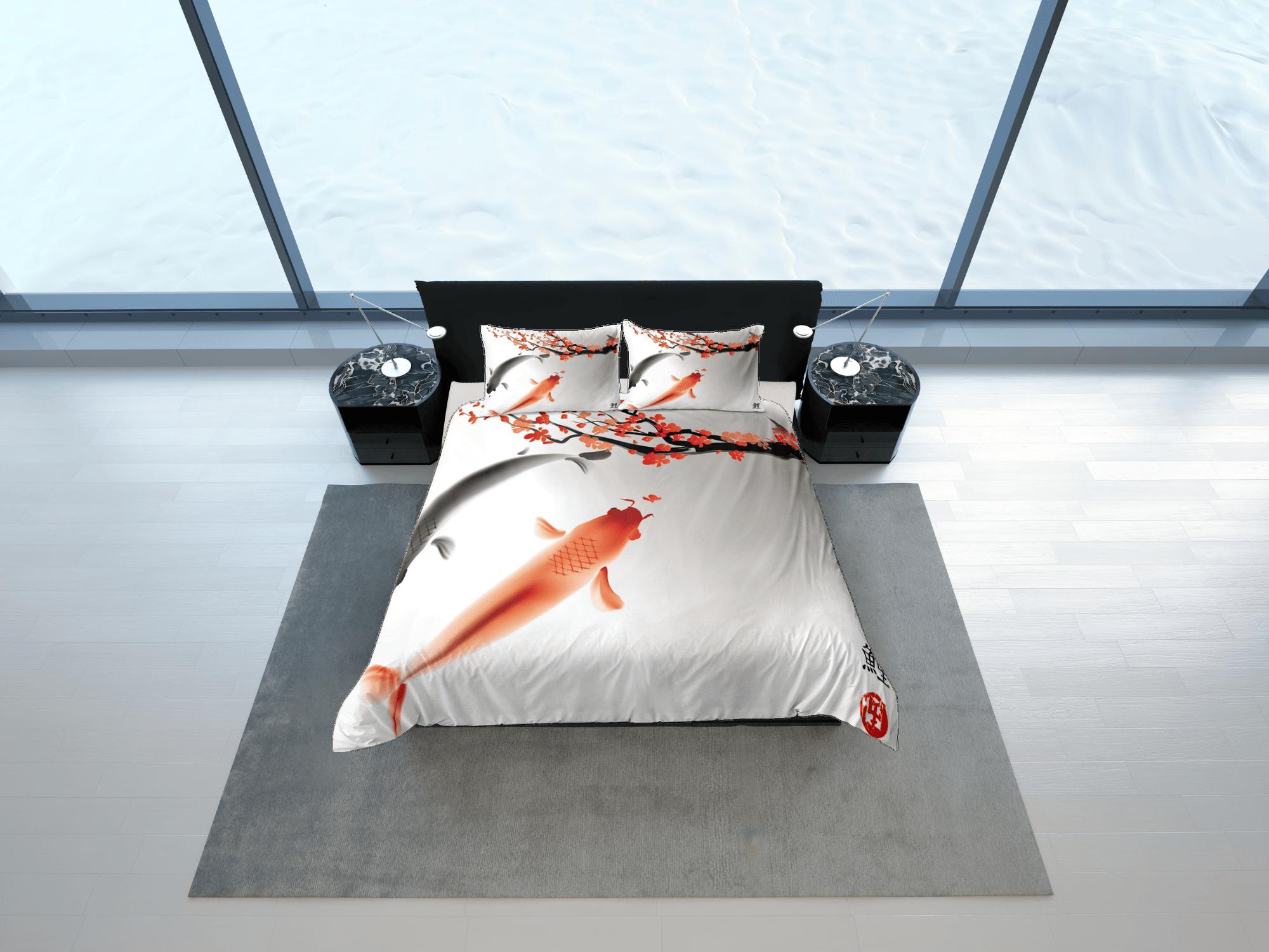 daintyduvet Orange koi fish oriental bedding, aesthetic japanese art duvet cover set for king, queen, full, twin, single, toddler bed, zipper bedding