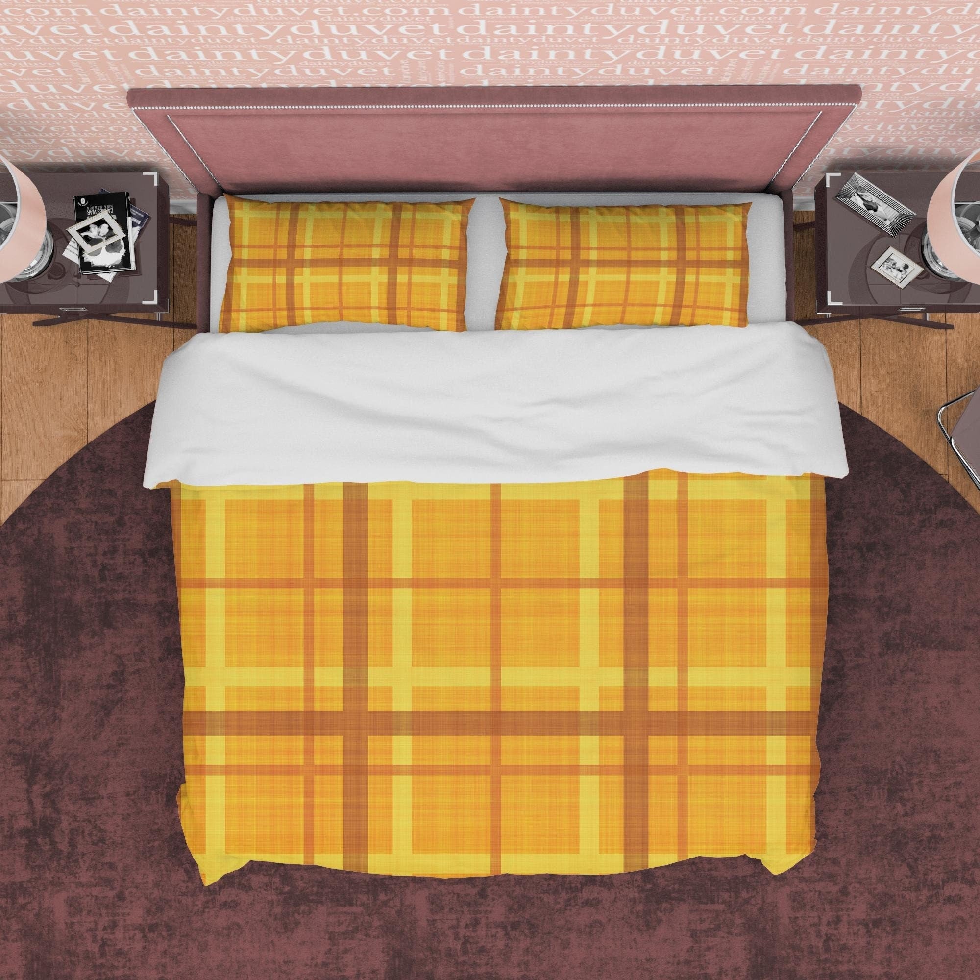 Orange Yellow Checkered Duvet Cover, Plaid Geometric Bedding Modern Farmhouse Rustic Bedroom Set, Tartan Quilt Cover, Bedspread Autumn Color