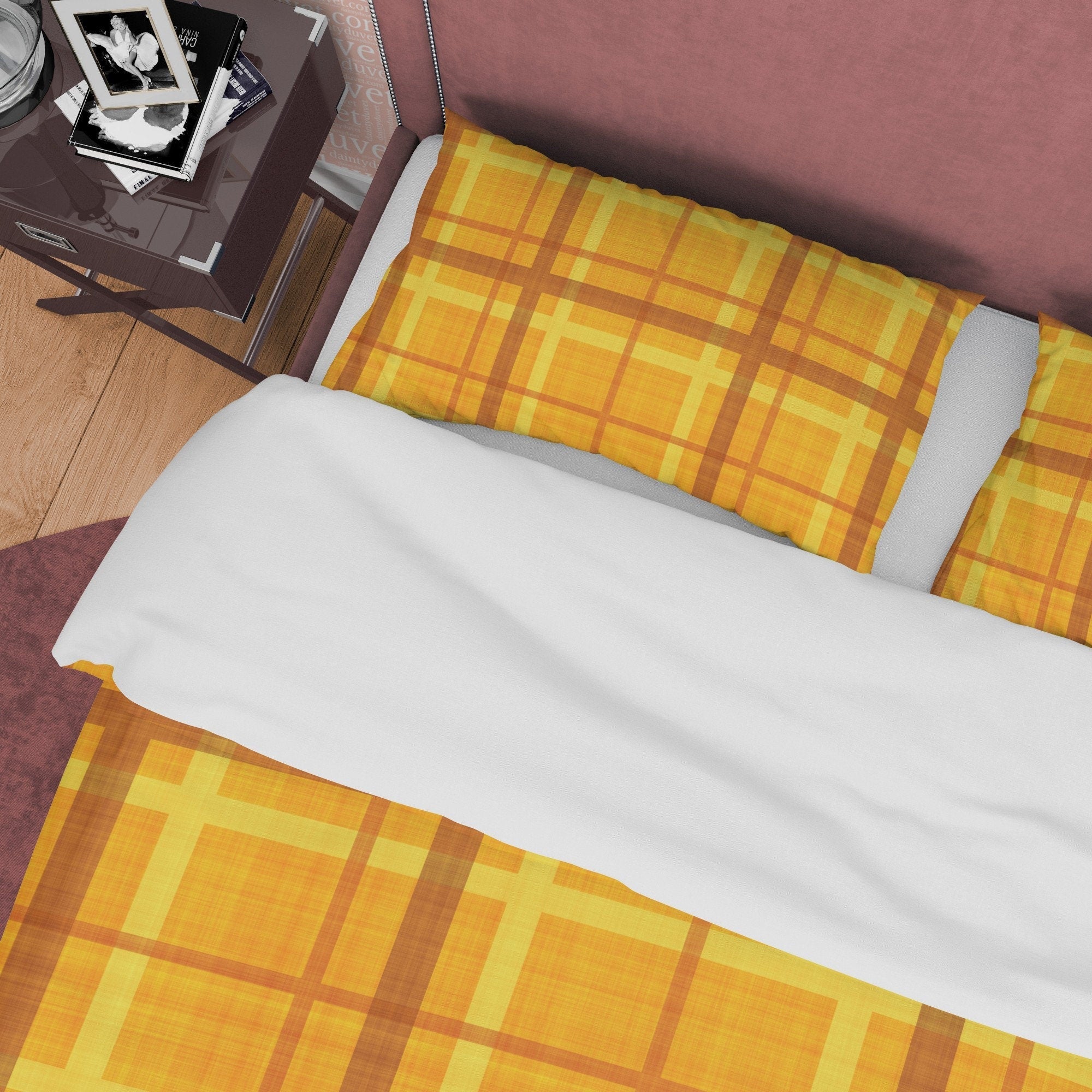 Orange Yellow Checkered Duvet Cover, Plaid Geometric Bedding Modern Farmhouse Rustic Bedroom Set, Tartan Quilt Cover, Bedspread Autumn Color