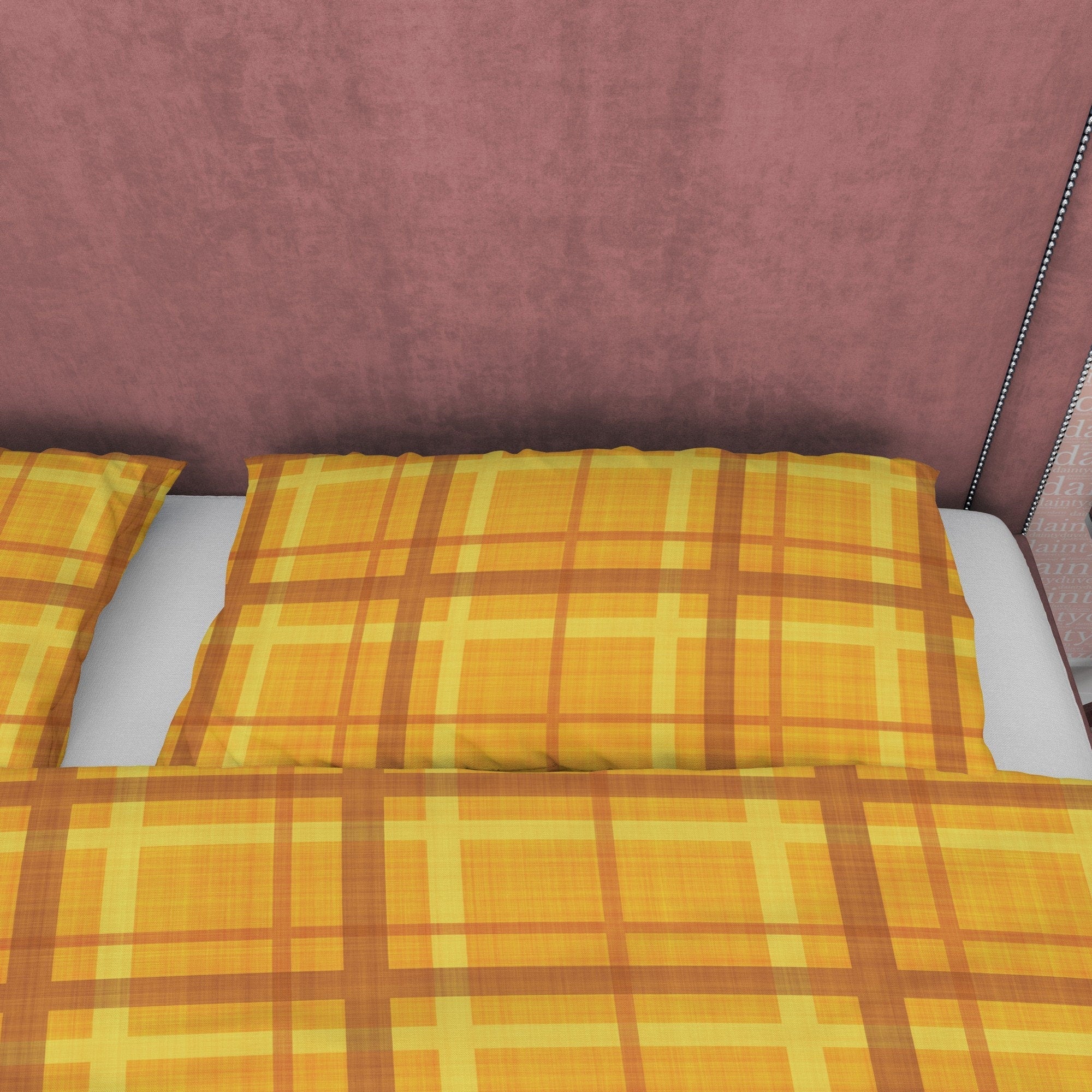 Orange Yellow Checkered Duvet Cover, Plaid Geometric Bedding Modern Farmhouse Rustic Bedroom Set, Tartan Quilt Cover, Bedspread Autumn Color