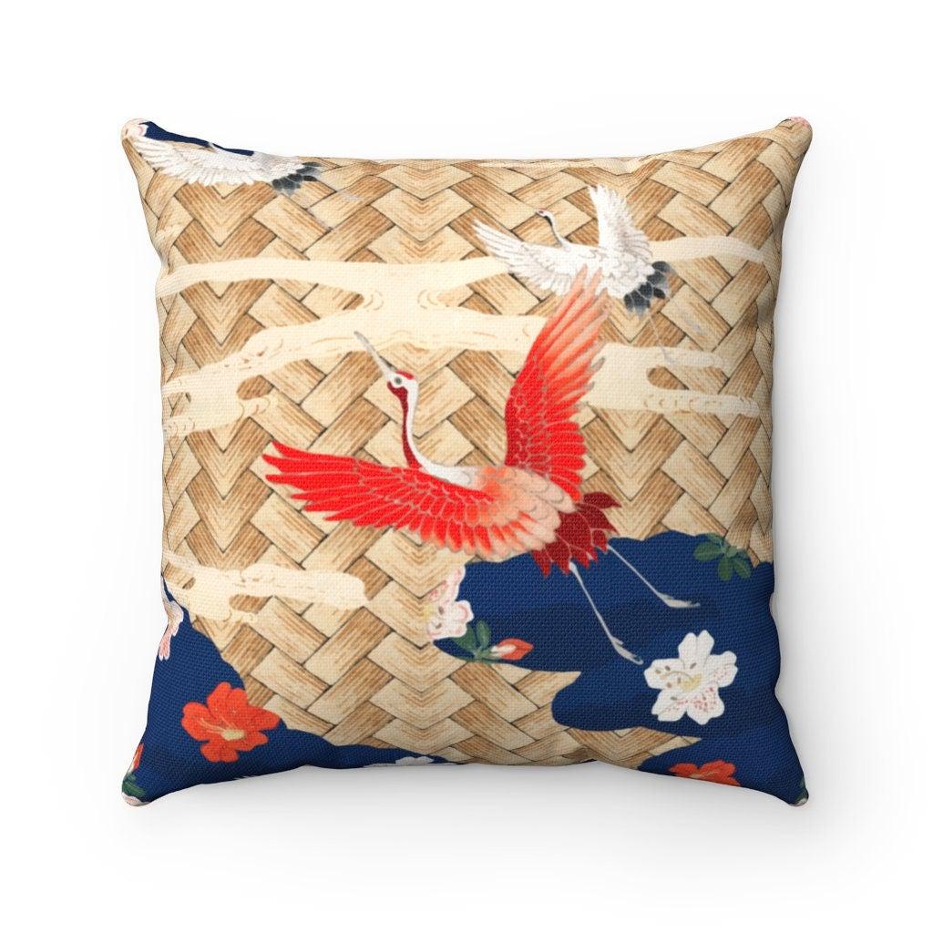 daintyduvet Oriental Pillowcase with Crane Bird, Chair Cushion Cover, Square Pillow Cover for Coach, Bedroom or Sofa, Japanese Decor Flower Pillow