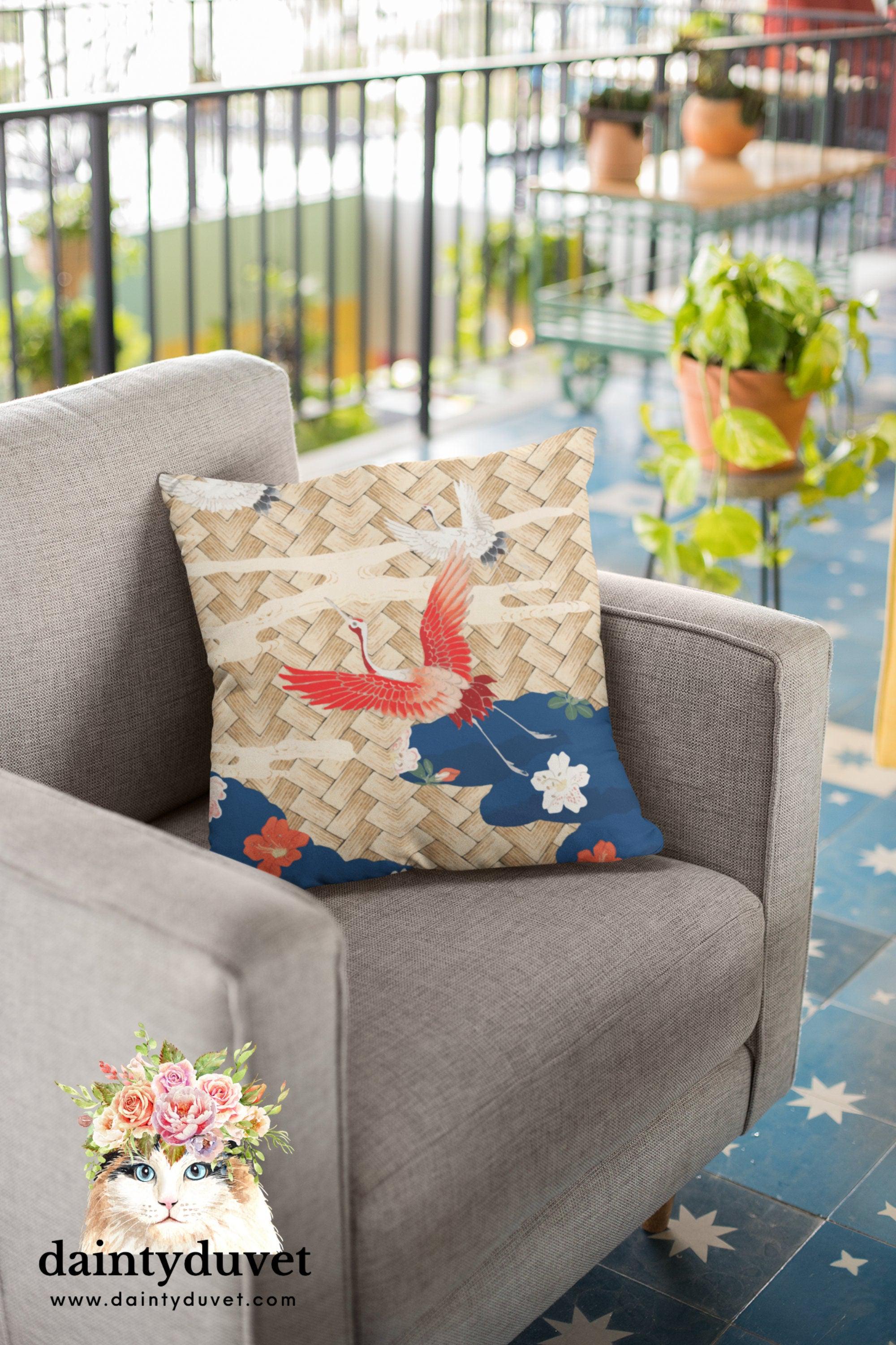 daintyduvet Oriental Pillowcase with Crane Bird, Chair Cushion Cover, Square Pillow Cover for Coach, Bedroom or Sofa, Japanese Decor Flower Pillow