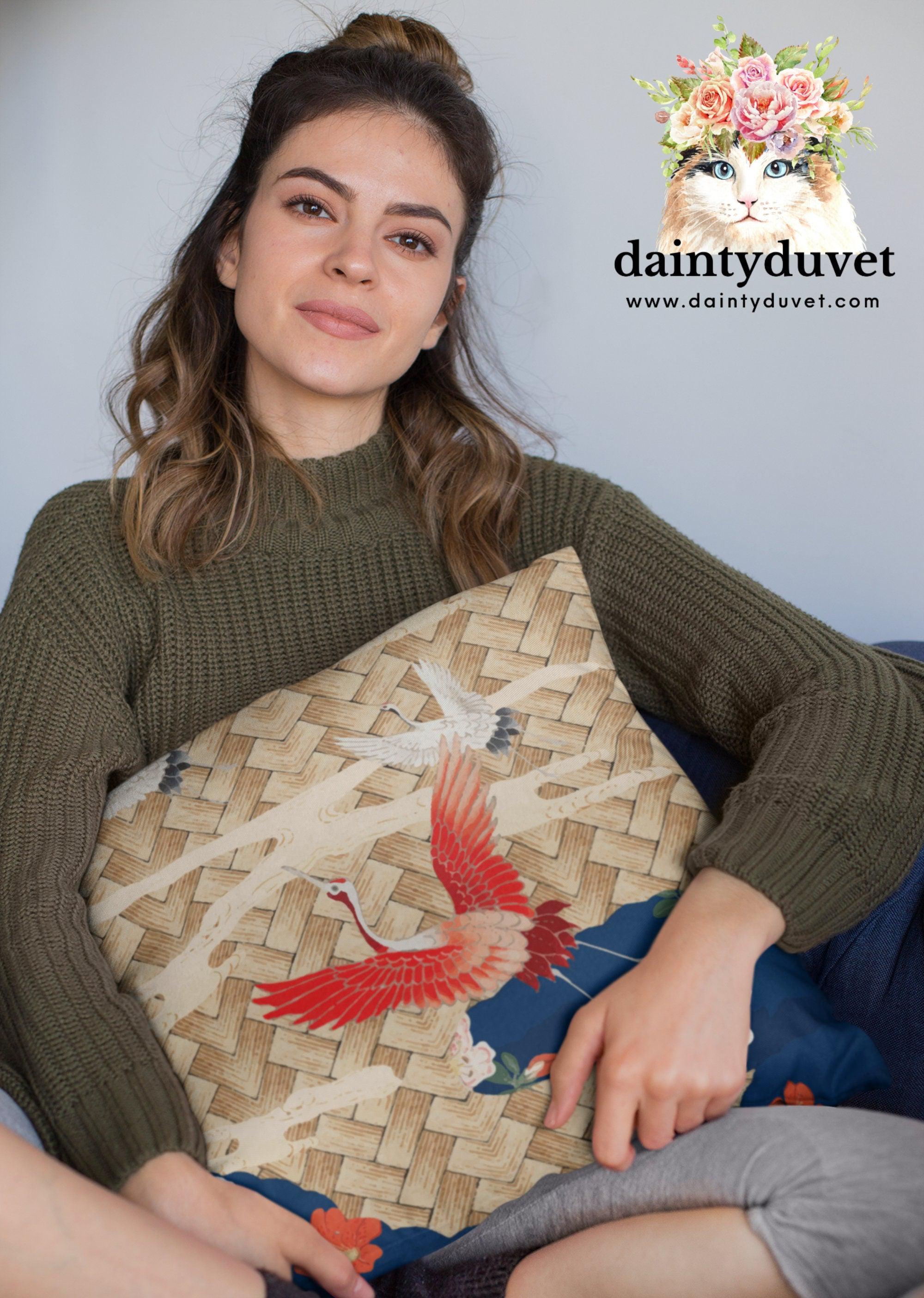 daintyduvet Oriental Pillowcase with Crane Bird, Chair Cushion Cover, Square Pillow Cover for Coach, Bedroom or Sofa, Japanese Decor Flower Pillow