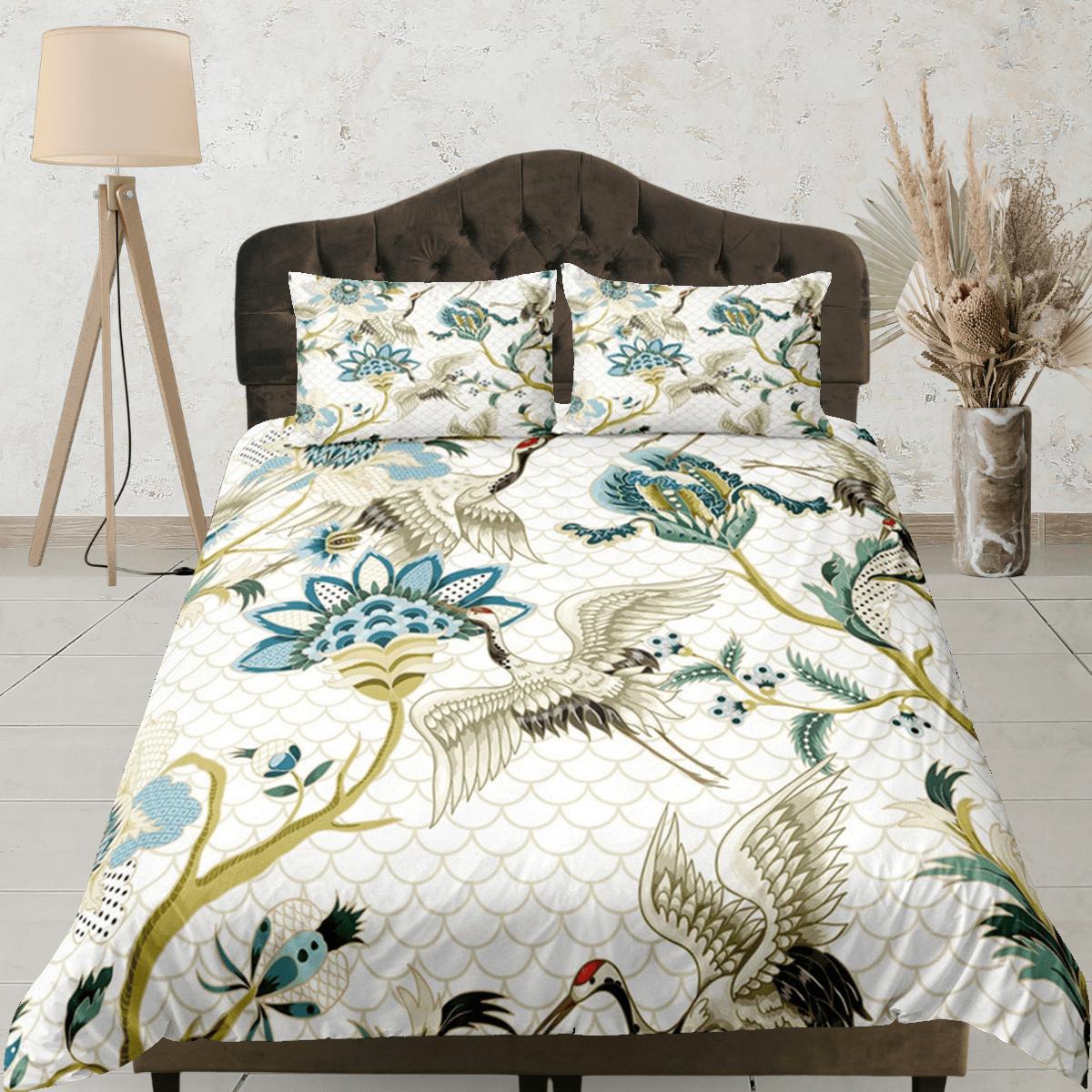 daintyduvet Oriental White Duvet Cover Set Japanese Bedding Kimono Design Crane Bird Floral Pattern Duvet Pillowcase Set