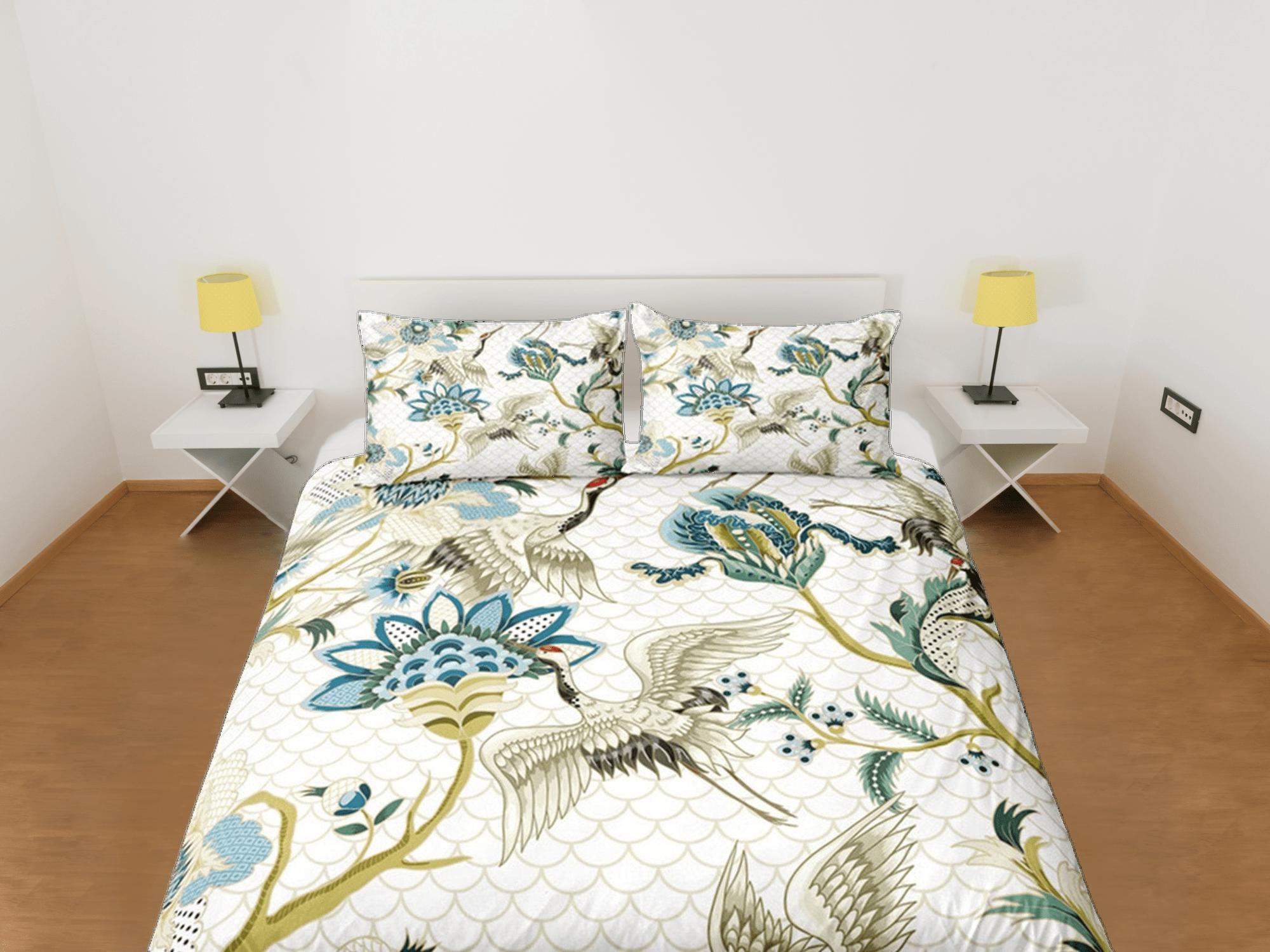 daintyduvet Oriental White Duvet Cover Set Japanese Bedding Kimono Design Crane Bird Floral Pattern Duvet Pillowcase Set