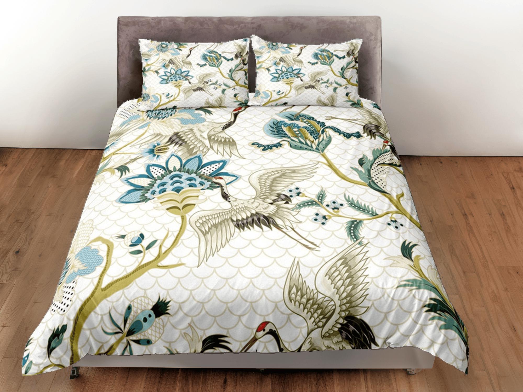 daintyduvet Oriental White Duvet Cover Set Japanese Bedding Kimono Design Crane Bird Floral Pattern Duvet Pillowcase Set