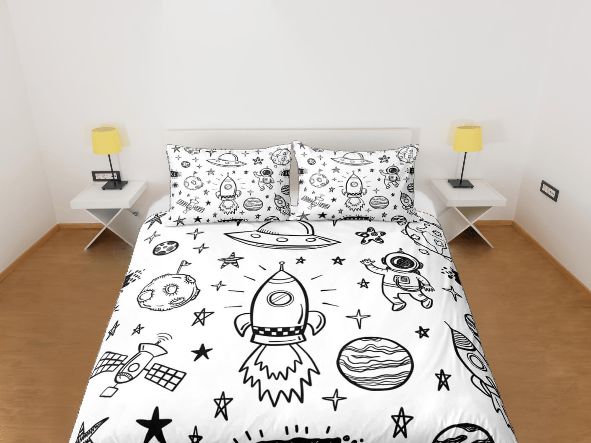 daintyduvet Outer space doodle duvet cover set for kids, galaxy bedding set full, king, queen, astronomy science dorm bedding, toddler bedding aesthetic