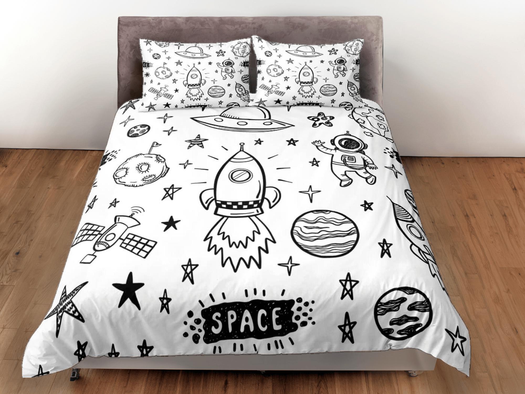 daintyduvet Outer space doodle duvet cover set for kids, galaxy bedding set full, king, queen, astronomy science dorm bedding, toddler bedding aesthetic