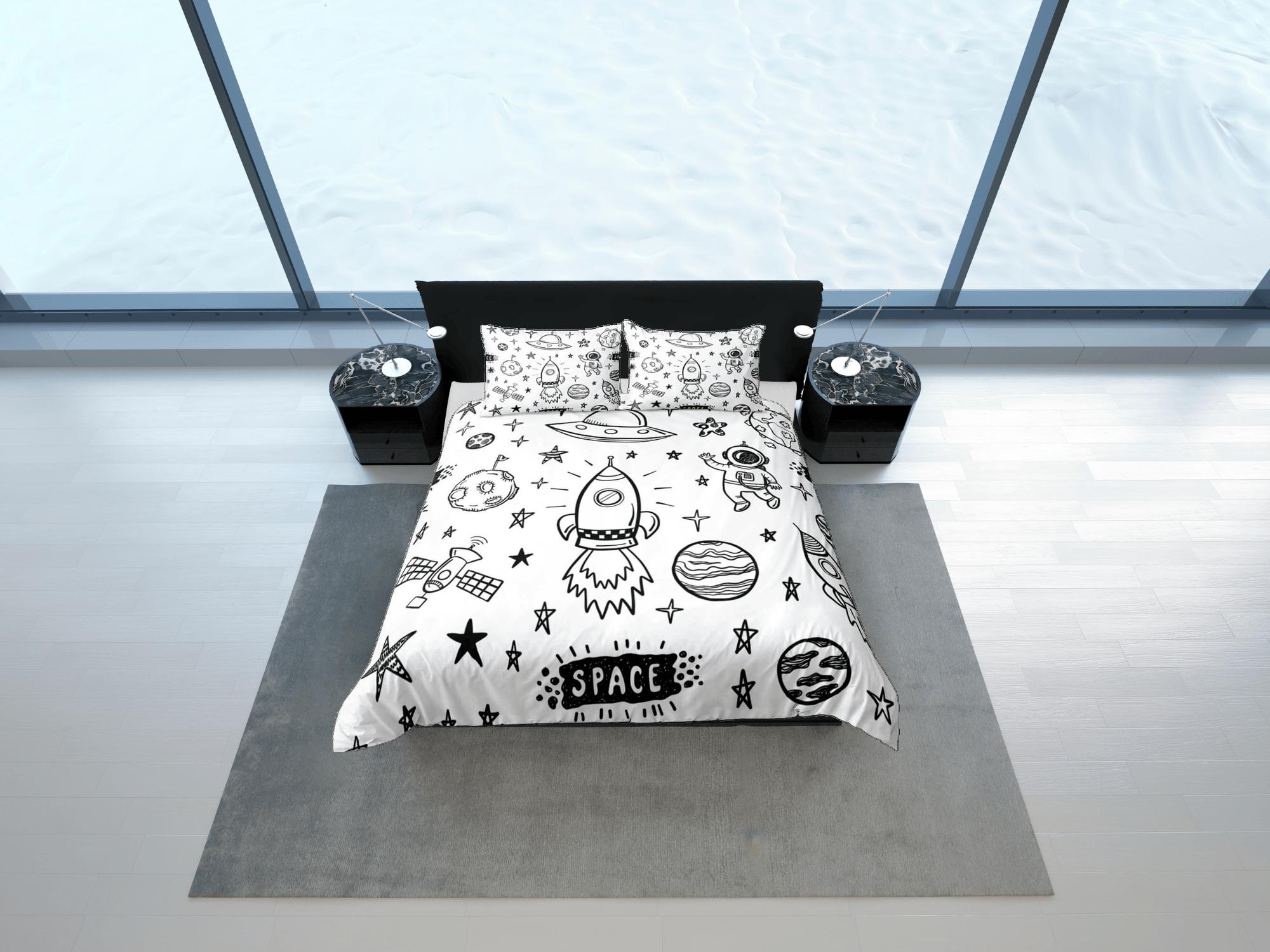 daintyduvet Outer space doodle duvet cover set for kids, galaxy bedding set full, king, queen, astronomy science dorm bedding, toddler bedding aesthetic