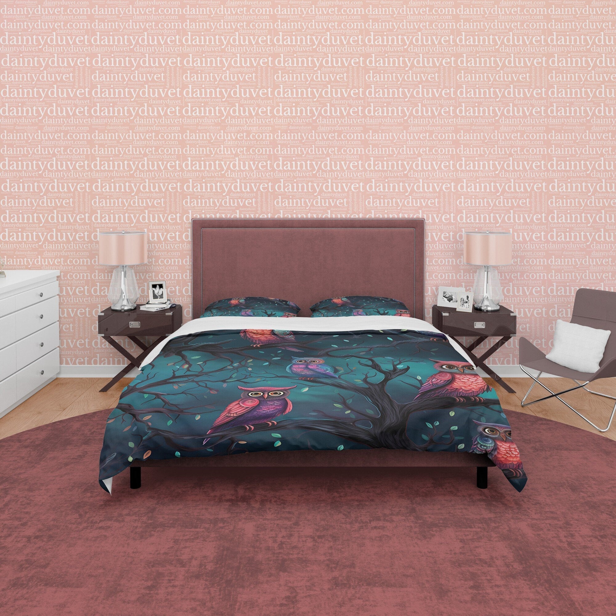 Owl On A Tree Branch Duvet Cover Set, Spooky Night Aesthetic Zipper Bedding, Halloween Room Decor, Green Midnight Scary Print Blanket Cover