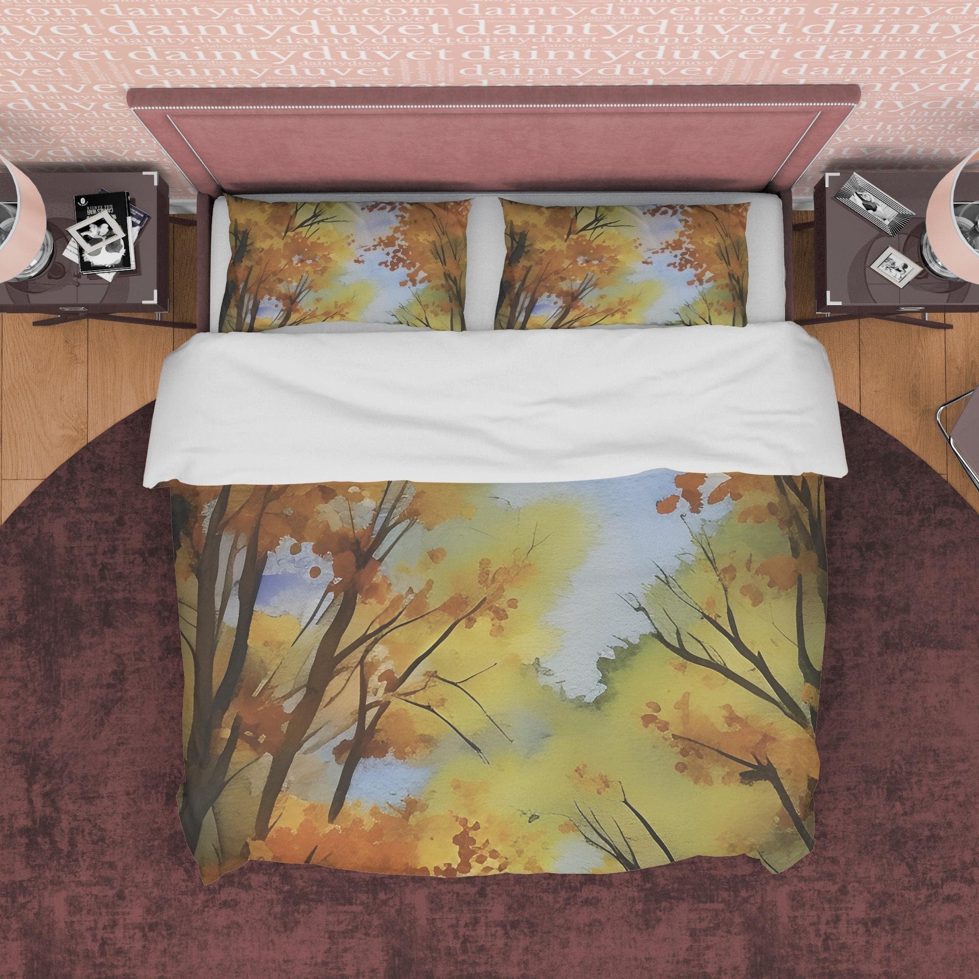 Painted Trees Fall Duvet Cover Autumn Bedding Set, Warm Autumn Colors Printed Quilt Cover, Foliage Bedspread