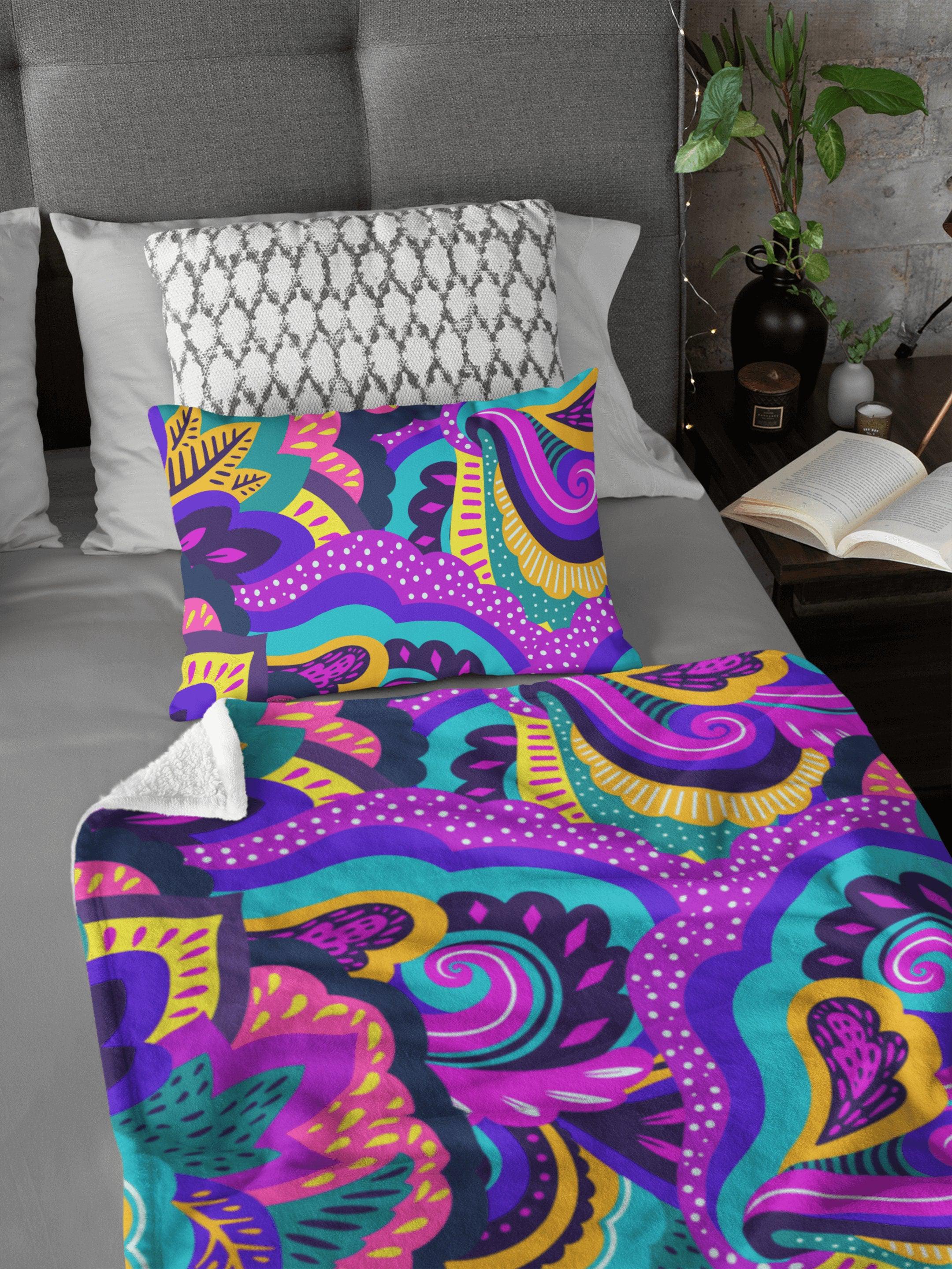 daintyduvet Paisley Swirl Purple Green Yellow Colorful Fluffy Velvet Flannel Fleece Throw Blanket Plush Blanket
