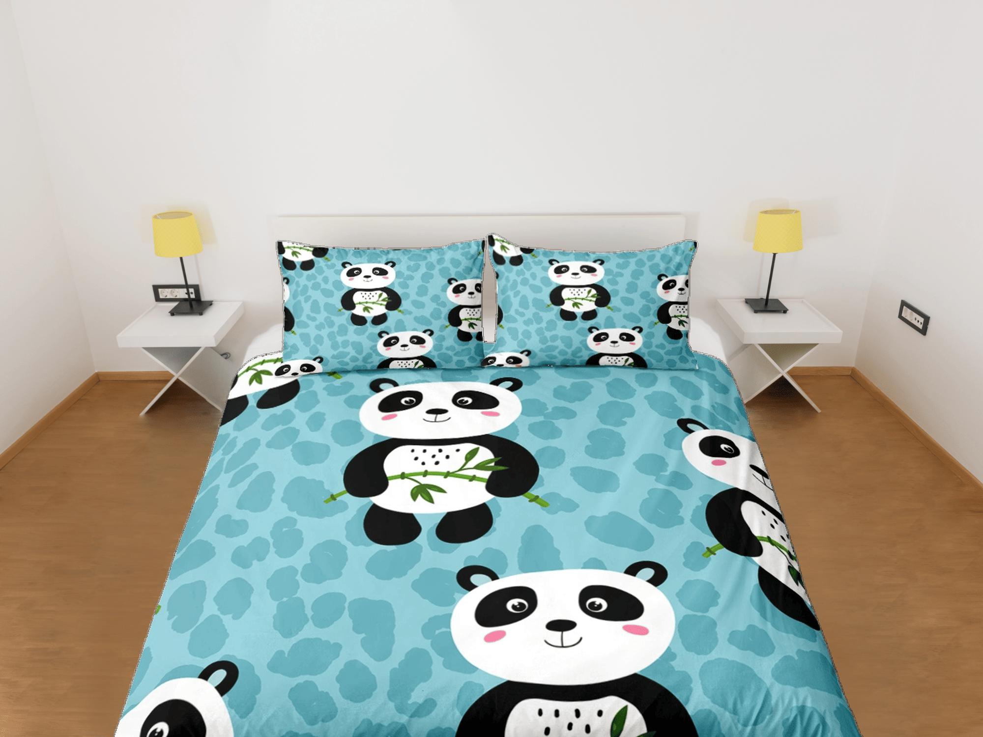daintyduvet Panda and bamboo teal green duvet cover for kids, bedding set full, king, queen, dorm bedding, toddler bedding, aesthetic panda lovers gift