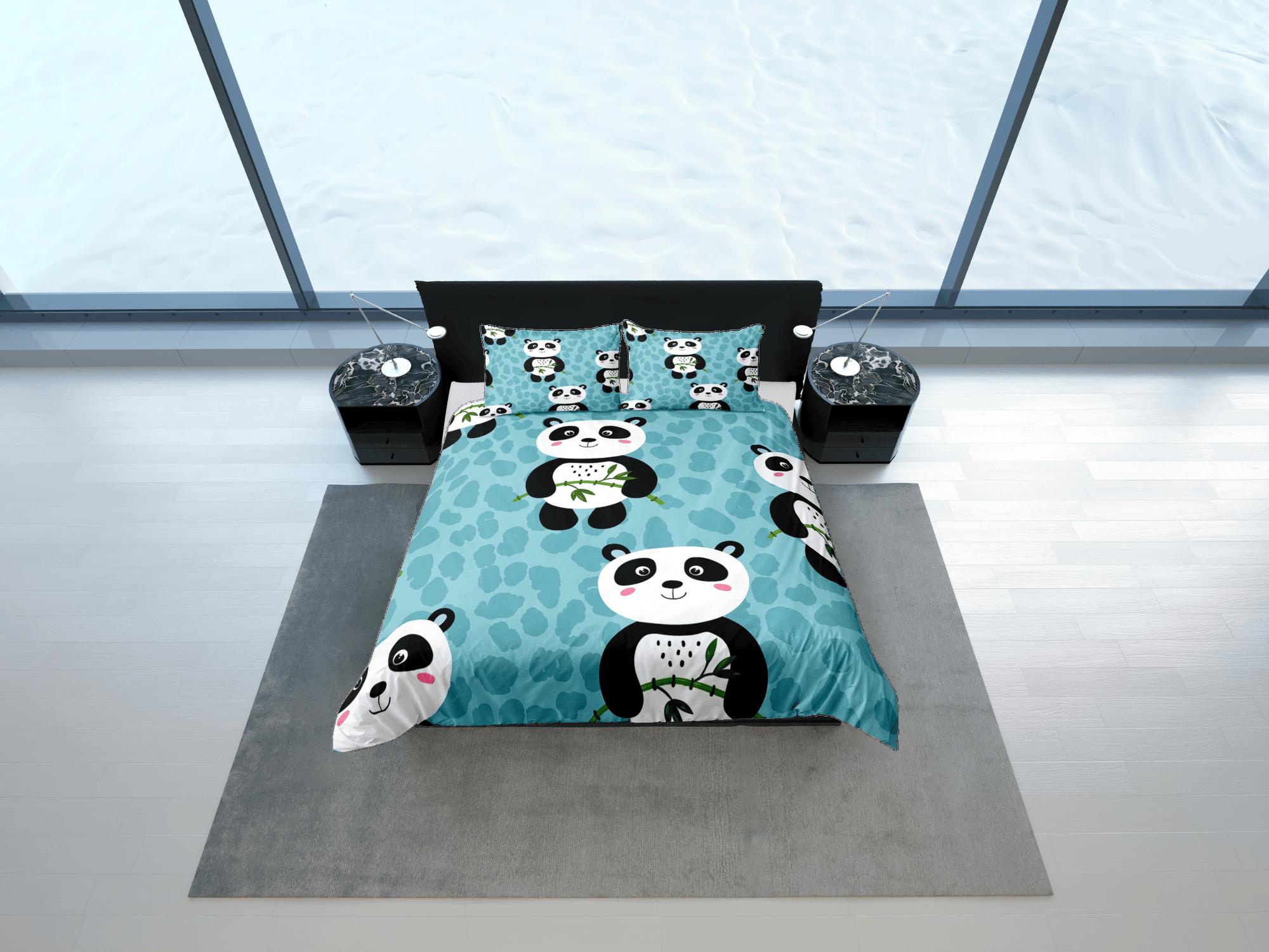 daintyduvet Panda and bamboo teal green duvet cover for kids, bedding set full, king, queen, dorm bedding, toddler bedding, aesthetic panda lovers gift