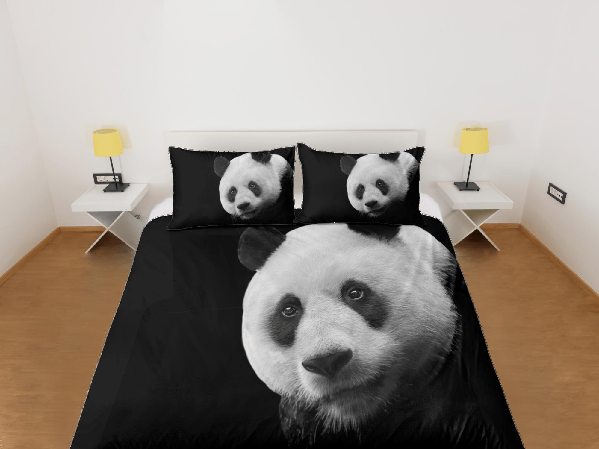 daintyduvet Panda face in black duvet cover set for kids, bedding set full, king, queen, dorm bedding, toddler bedding aesthetic panda lovers gift