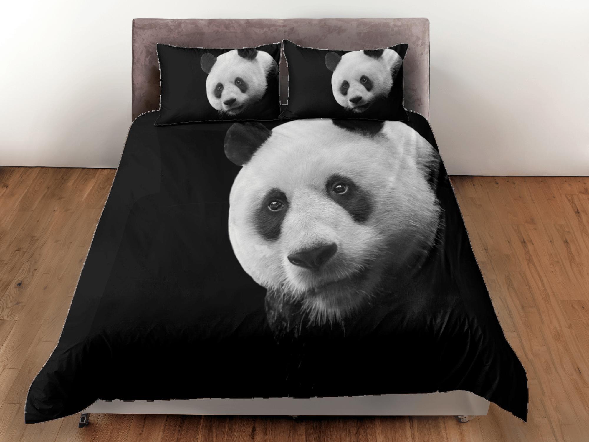 daintyduvet Panda face in black duvet cover set for kids, bedding set full, king, queen, dorm bedding, toddler bedding aesthetic panda lovers gift