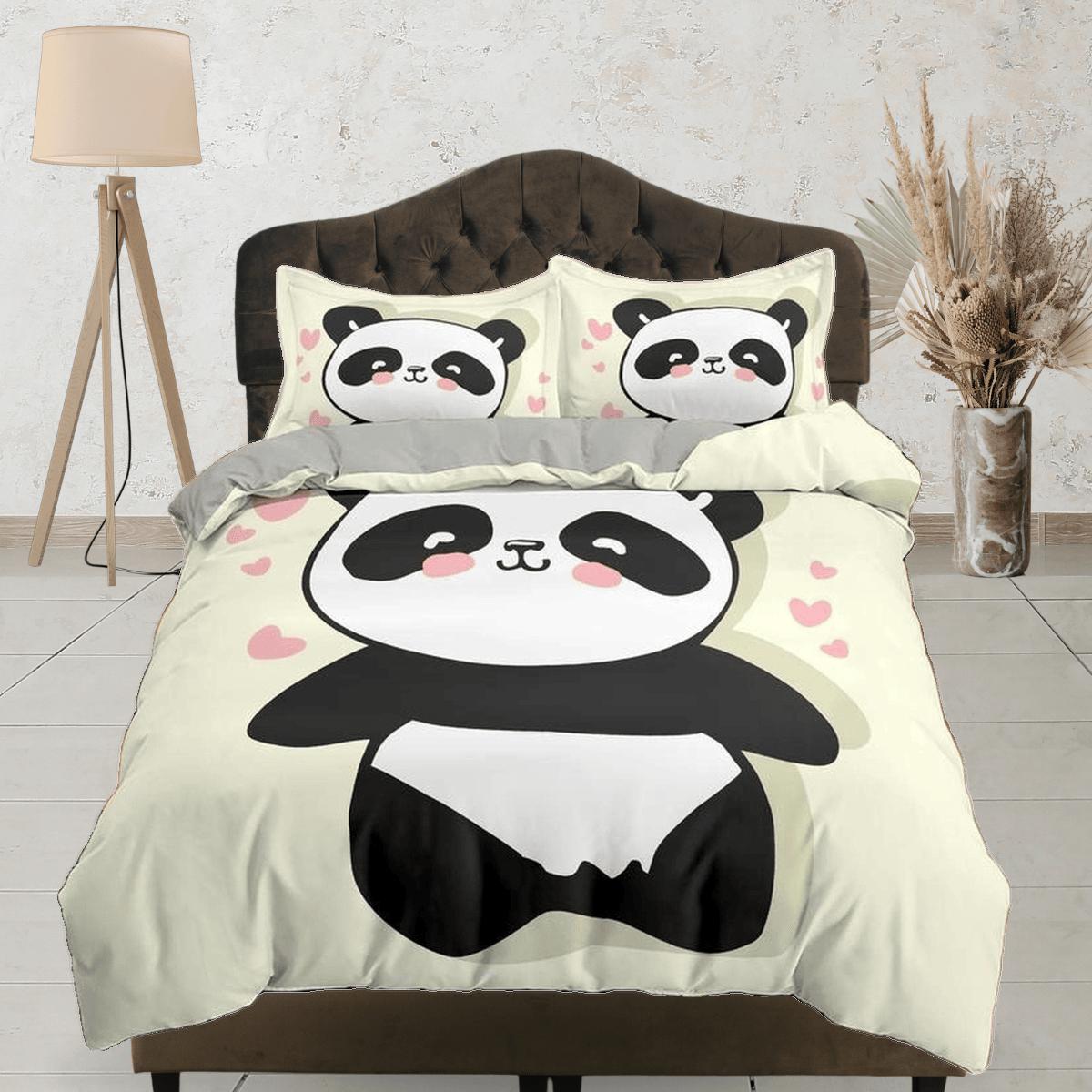 daintyduvet Panda in love duvet cover set for kids, bedding set full, king, queen, dorm bedding, toddler bedding, aesthetic bedspread, panda lovers gift