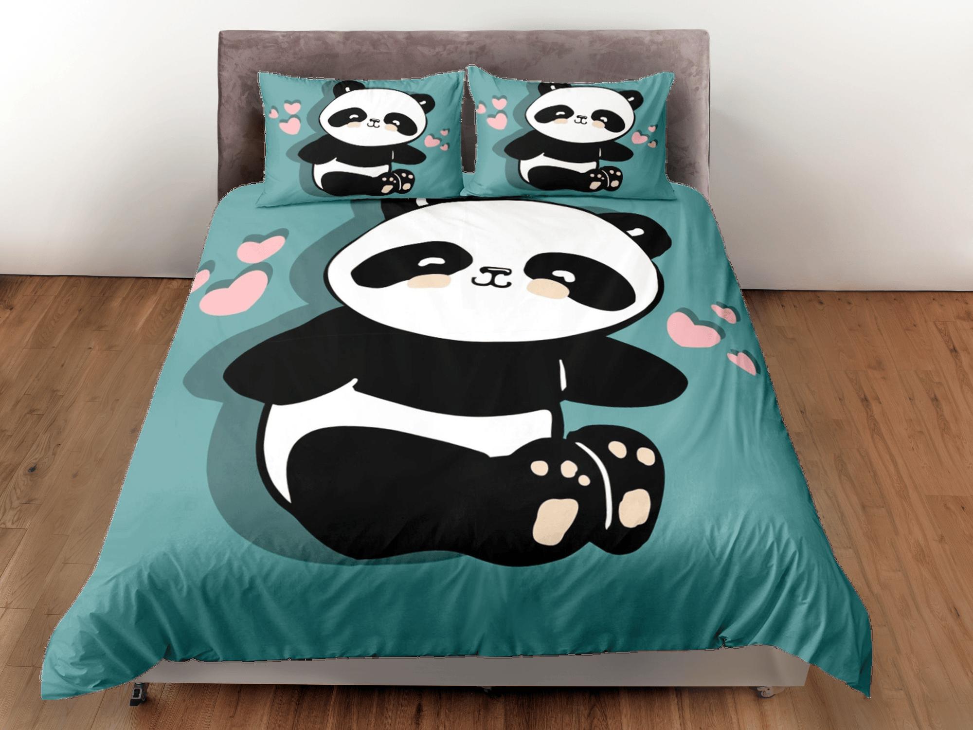 daintyduvet Panda teal green duvet cover set kids, bedding set full, king, queen, dorm bedding, toddler bedding, aesthetic bedspread, panda lovers gift