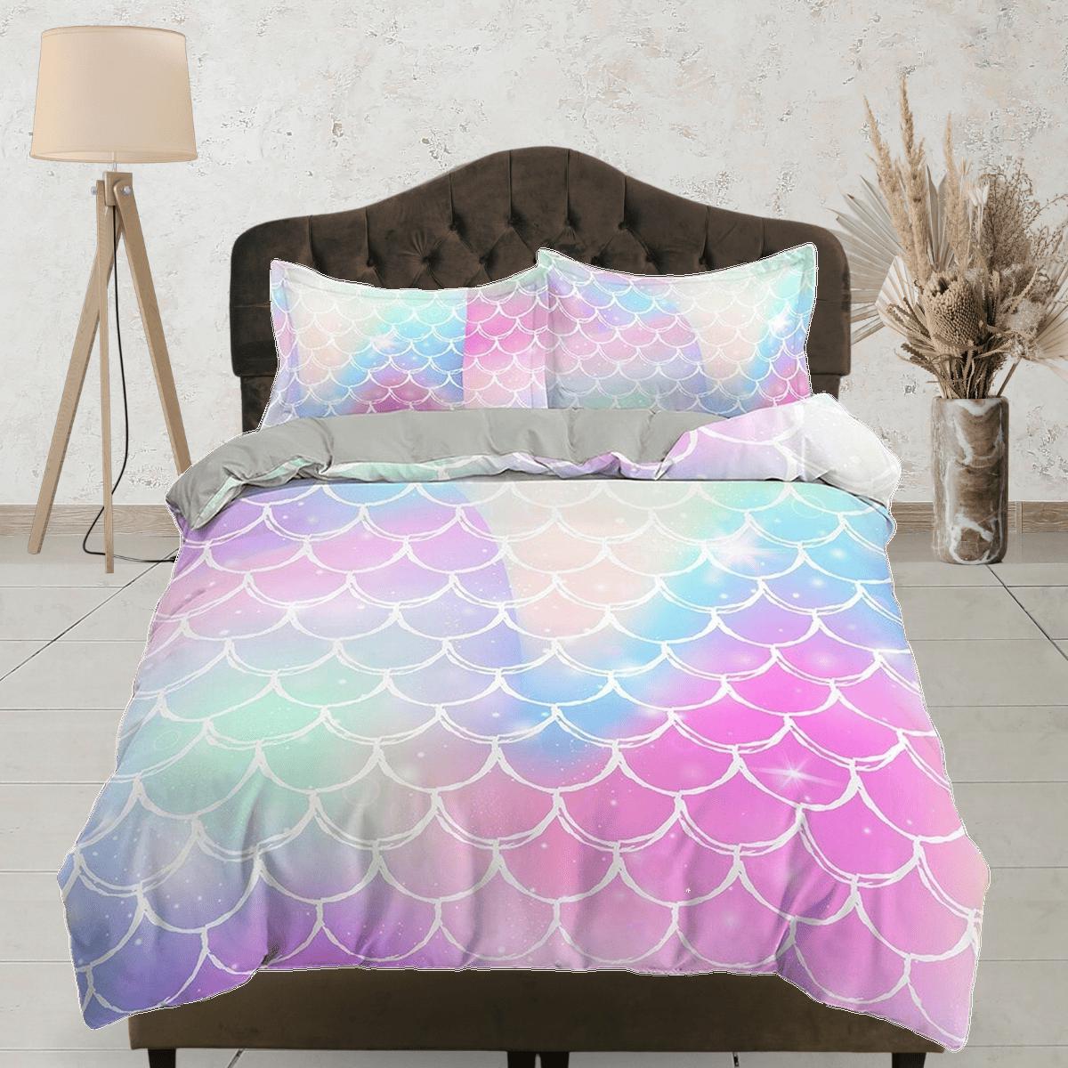 daintyduvet Pastel colored mermaid scales rainbow toddler bedding, duvet cover for nursery kids, crib bedding, baby zipper bedding, king queen full twin