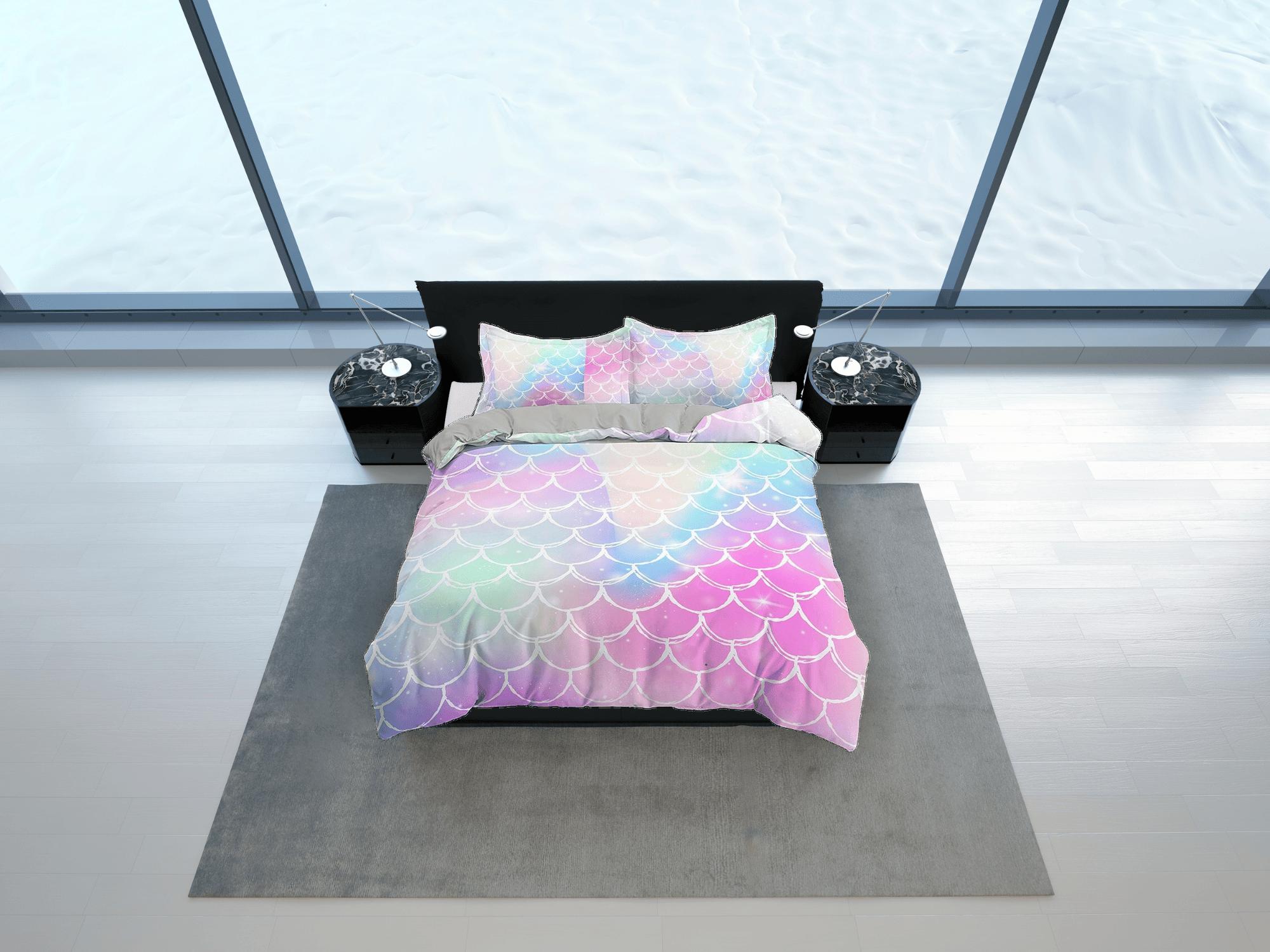 daintyduvet Pastel colored mermaid scales rainbow toddler bedding, duvet cover for nursery kids, crib bedding, baby zipper bedding, king queen full twin