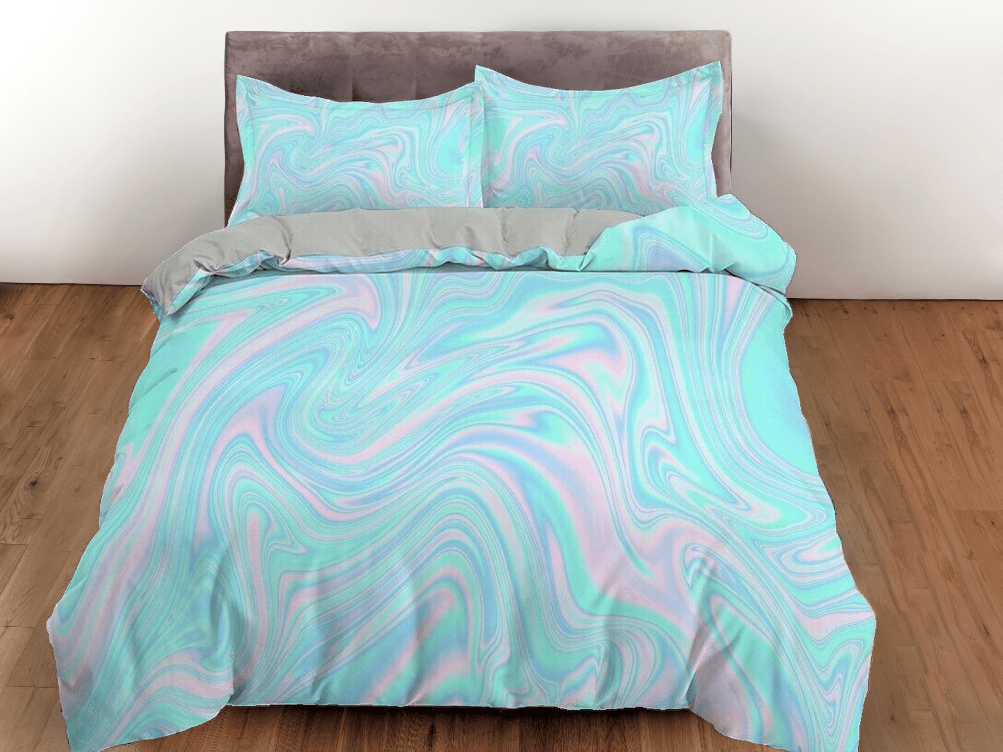 daintyduvet Pastel colors light blue pink aesthetic duvet cover, contemporary marble abstract art room decor boho chic bedding set full king queen