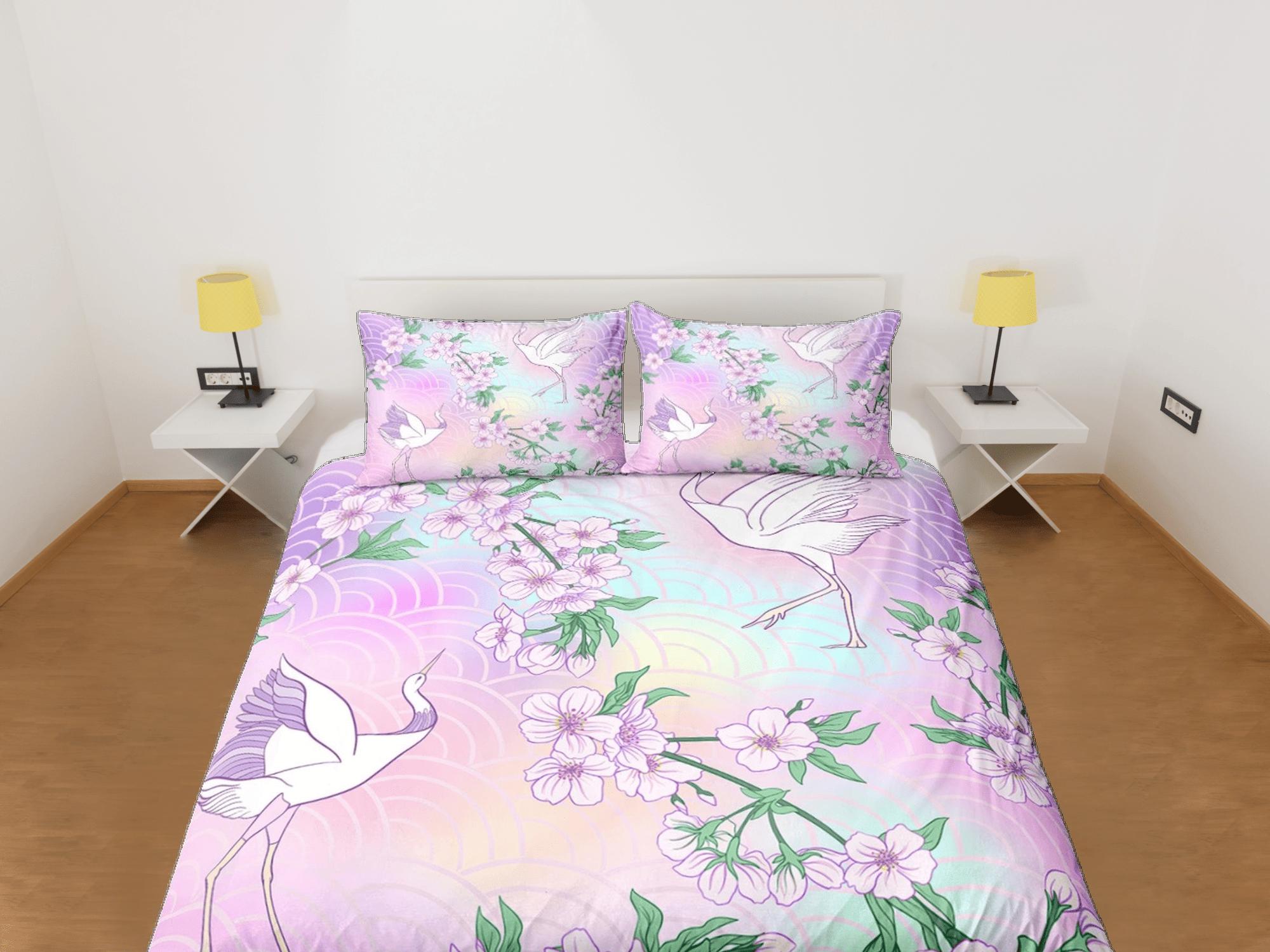 daintyduvet Pastel colors oriental bedding, crane bird and cherry blossoms on japanese duvet cover set for king, queen, full, twin, single, toddler bed