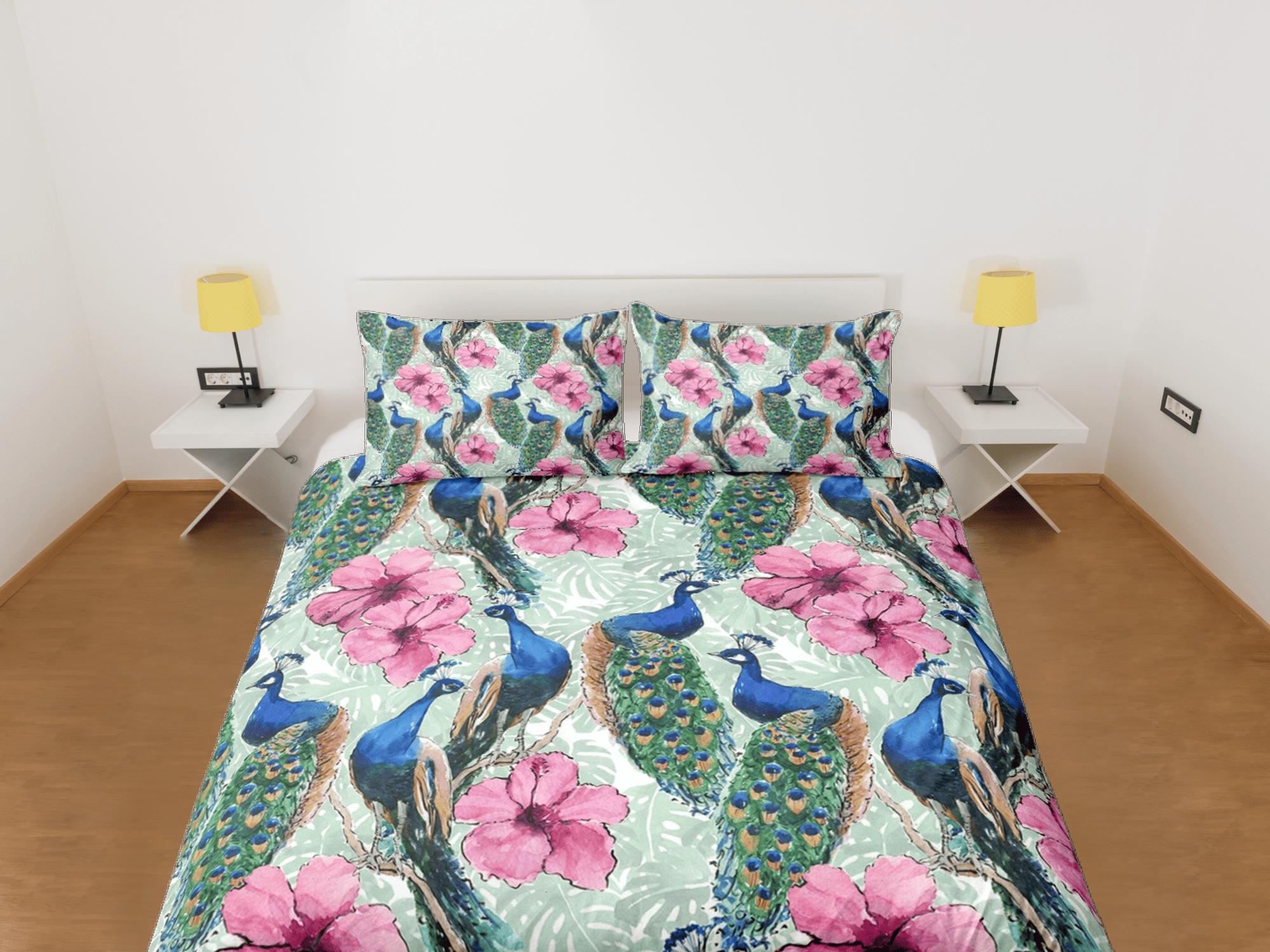 daintyduvet Peacock and pink hibiscus duvet cover colorful bedding, teen girl bedroom, baby girl crib bedding boho maximalist aesthetic bedding