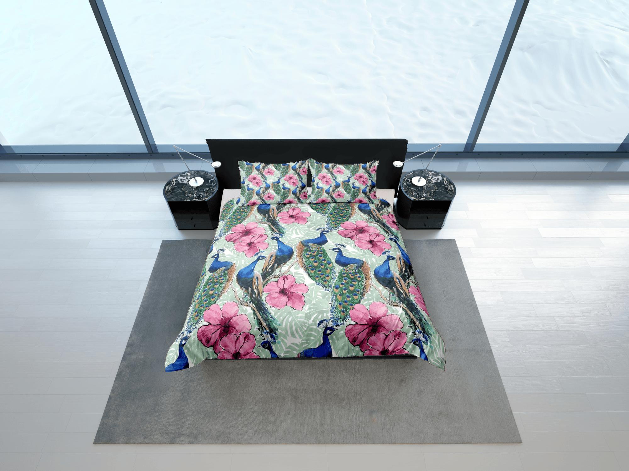 daintyduvet Peacock and pink hibiscus duvet cover colorful bedding, teen girl bedroom, baby girl crib bedding boho maximalist aesthetic bedding