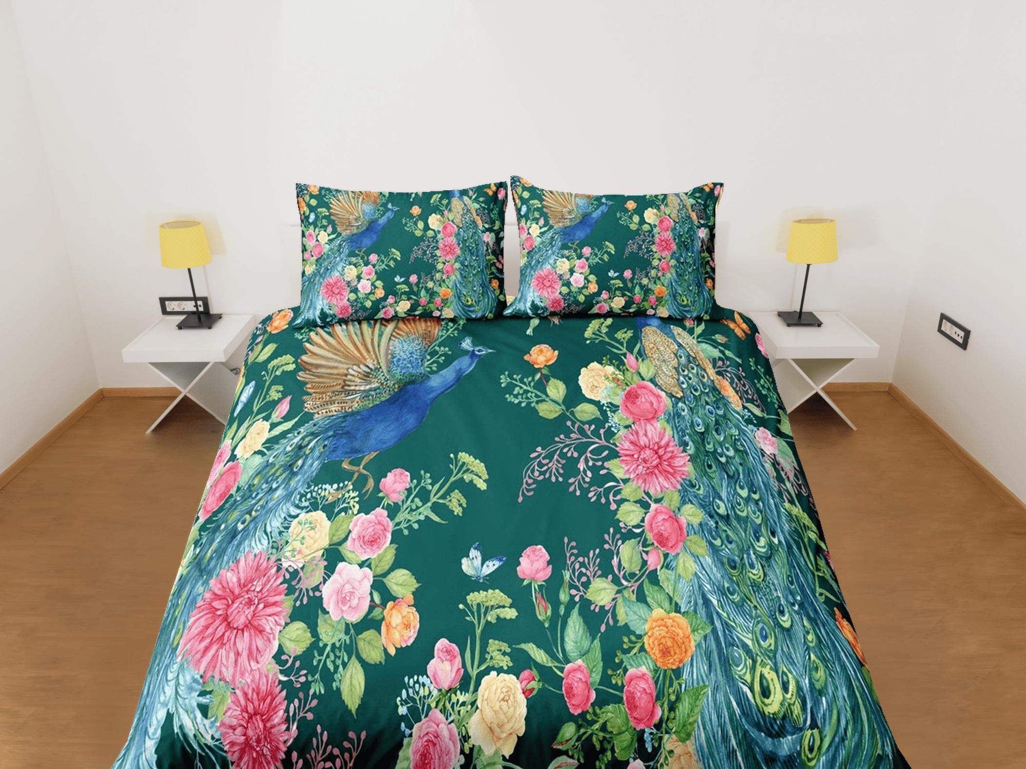 daintyduvet Peacock biophilic bedding, floral printed duvet cover queen, king, boho duvet, designer bedding, aesthetic bedding, maximalist decor