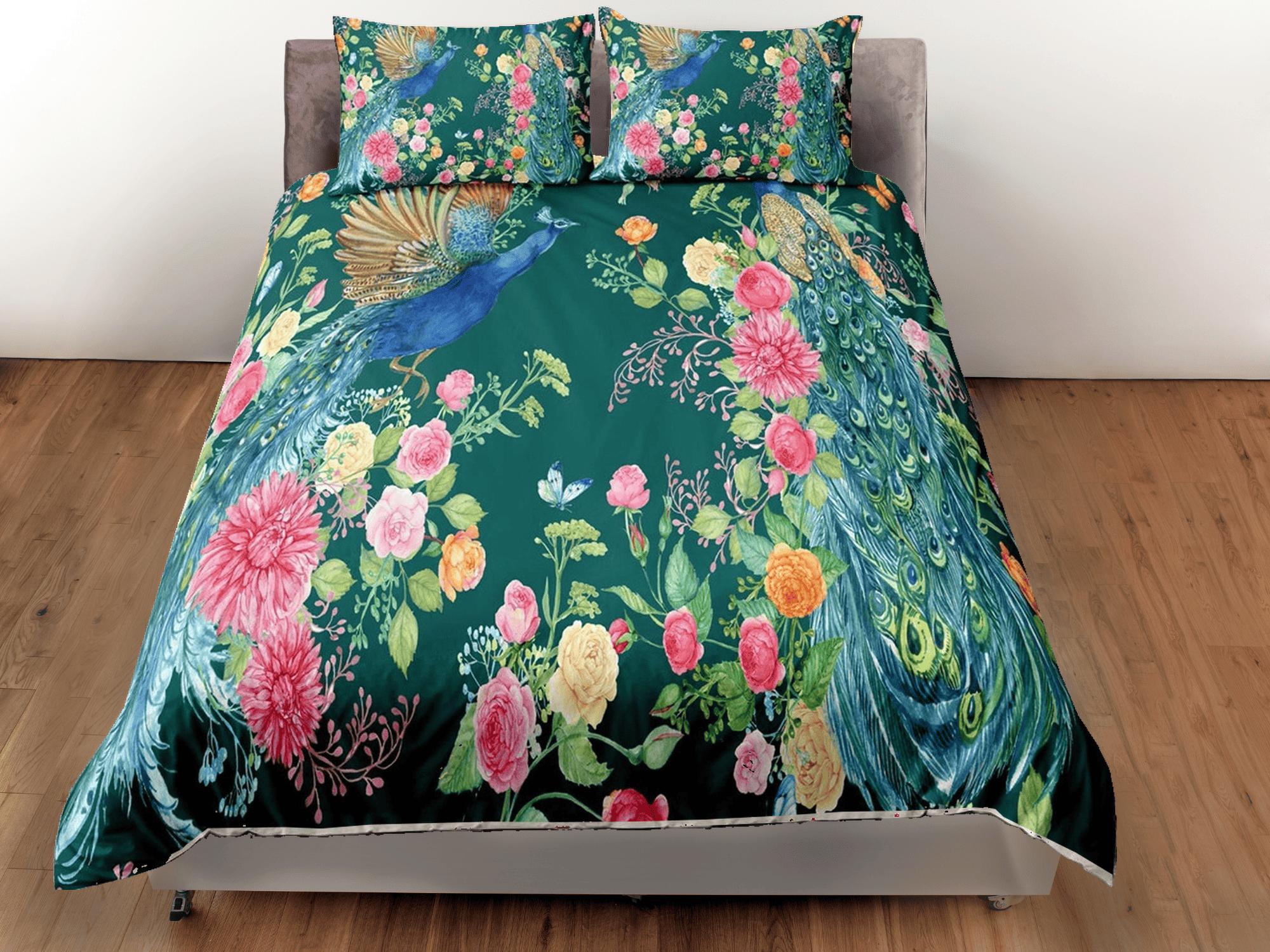 daintyduvet Peacock biophilic bedding, floral printed duvet cover queen, king, boho duvet, designer bedding, aesthetic bedding, maximalist decor