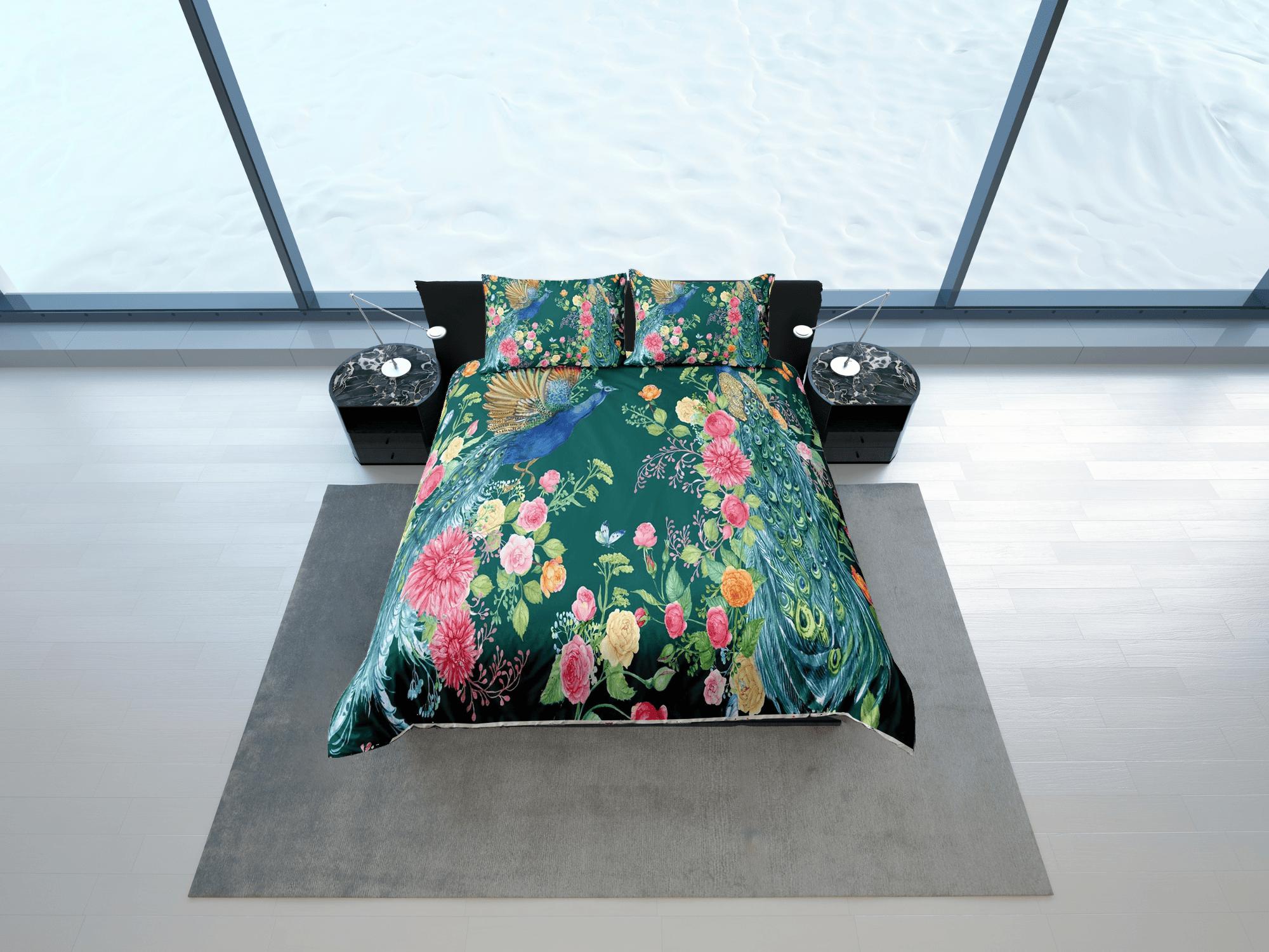daintyduvet Peacock biophilic bedding, floral printed duvet cover queen, king, boho duvet, designer bedding, aesthetic bedding, maximalist decor