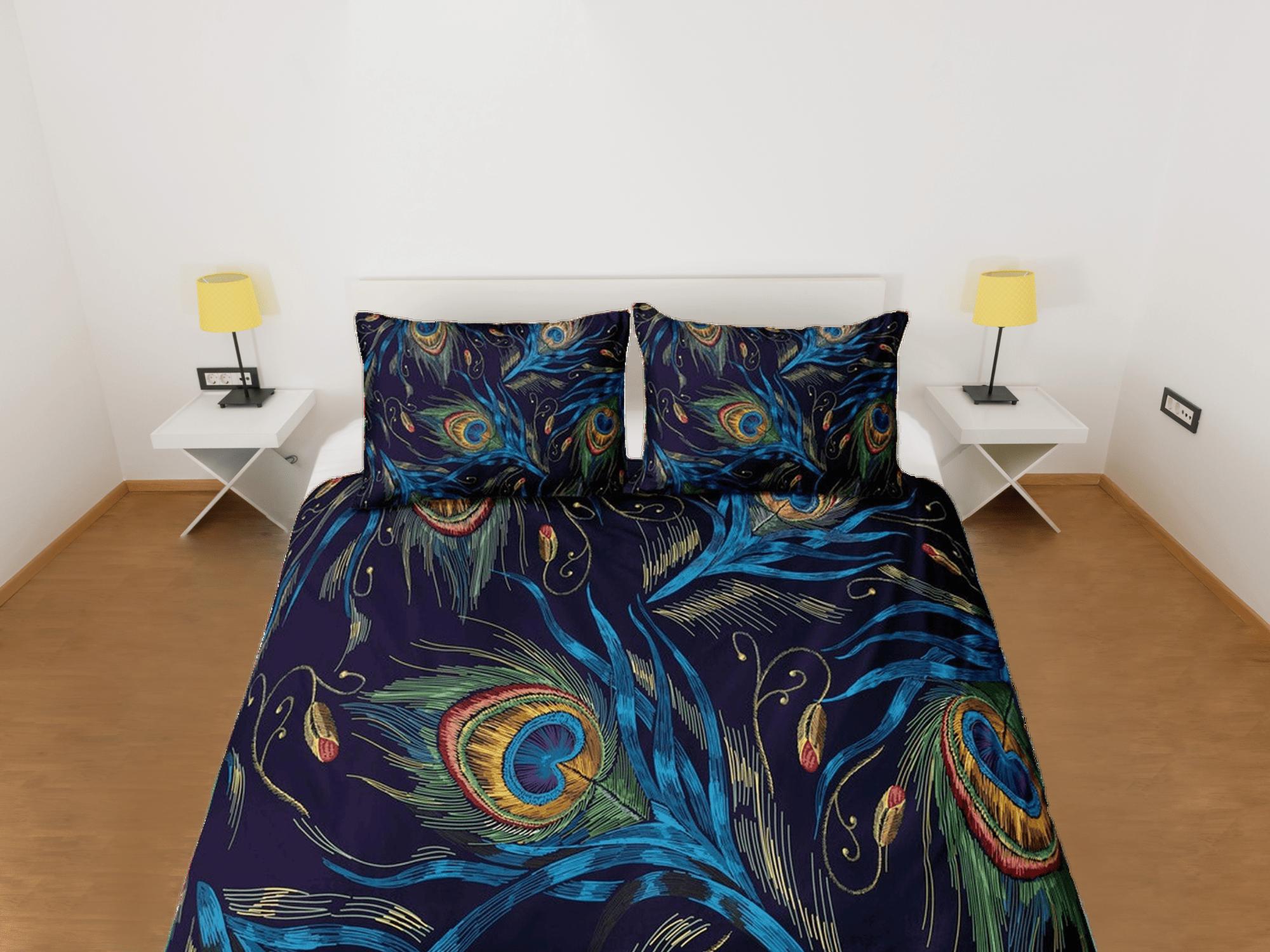daintyduvet Peacock feather prints aesthetic bedding set full, luxury duvet cover queen, king, boho duvet, designer bedding, maximalist decor bedspread