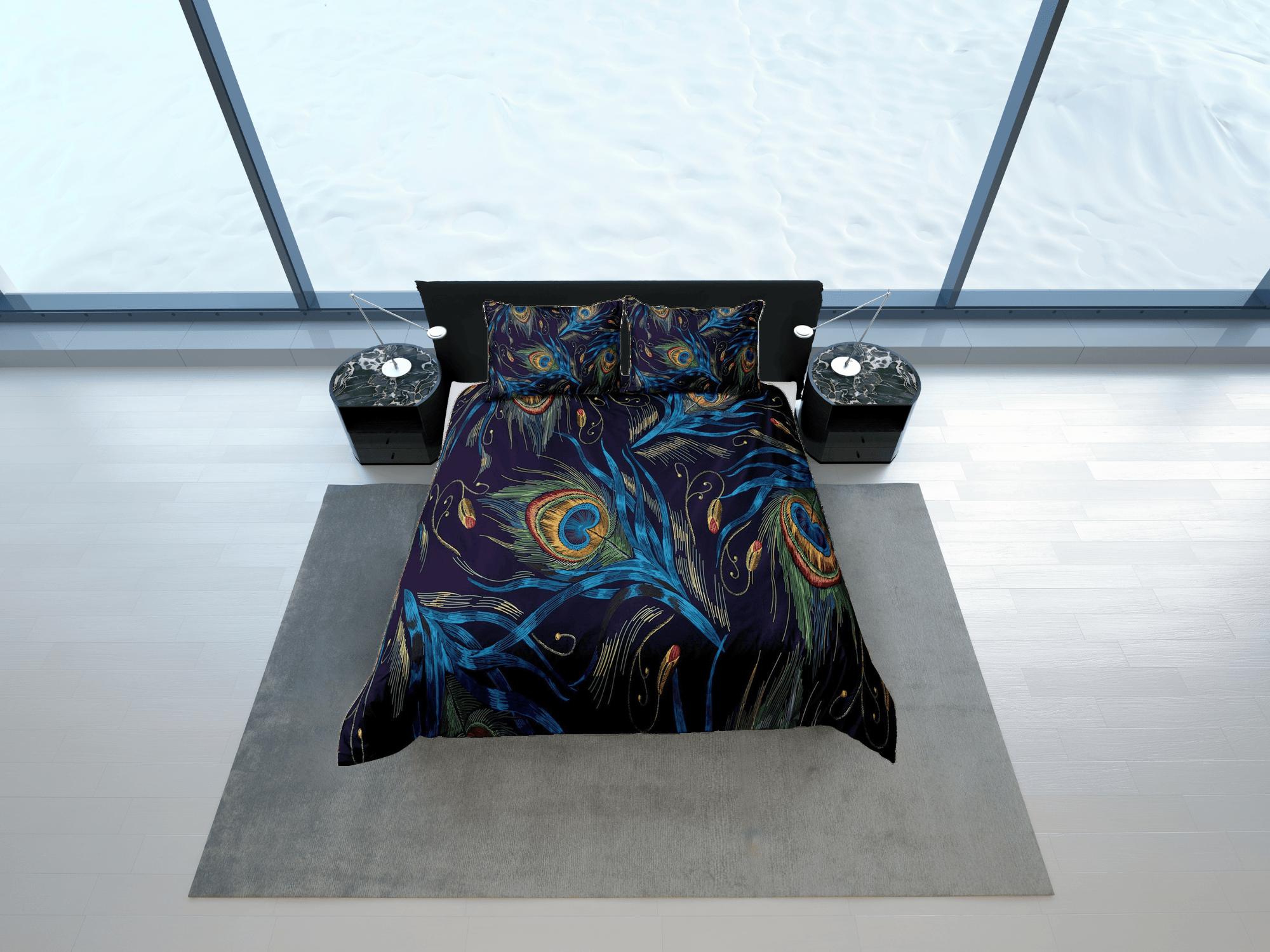 daintyduvet Peacock feather prints aesthetic bedding set full, luxury duvet cover queen, king, boho duvet, designer bedding, maximalist decor bedspread