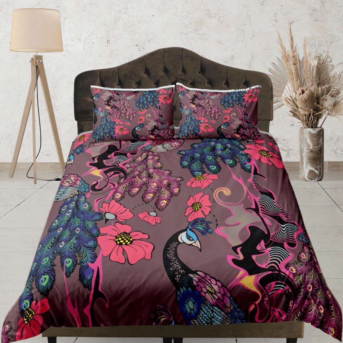 daintyduvet Peacock Floral Duvet Cover Violet Bedspread, Dorm Bedding Set Double