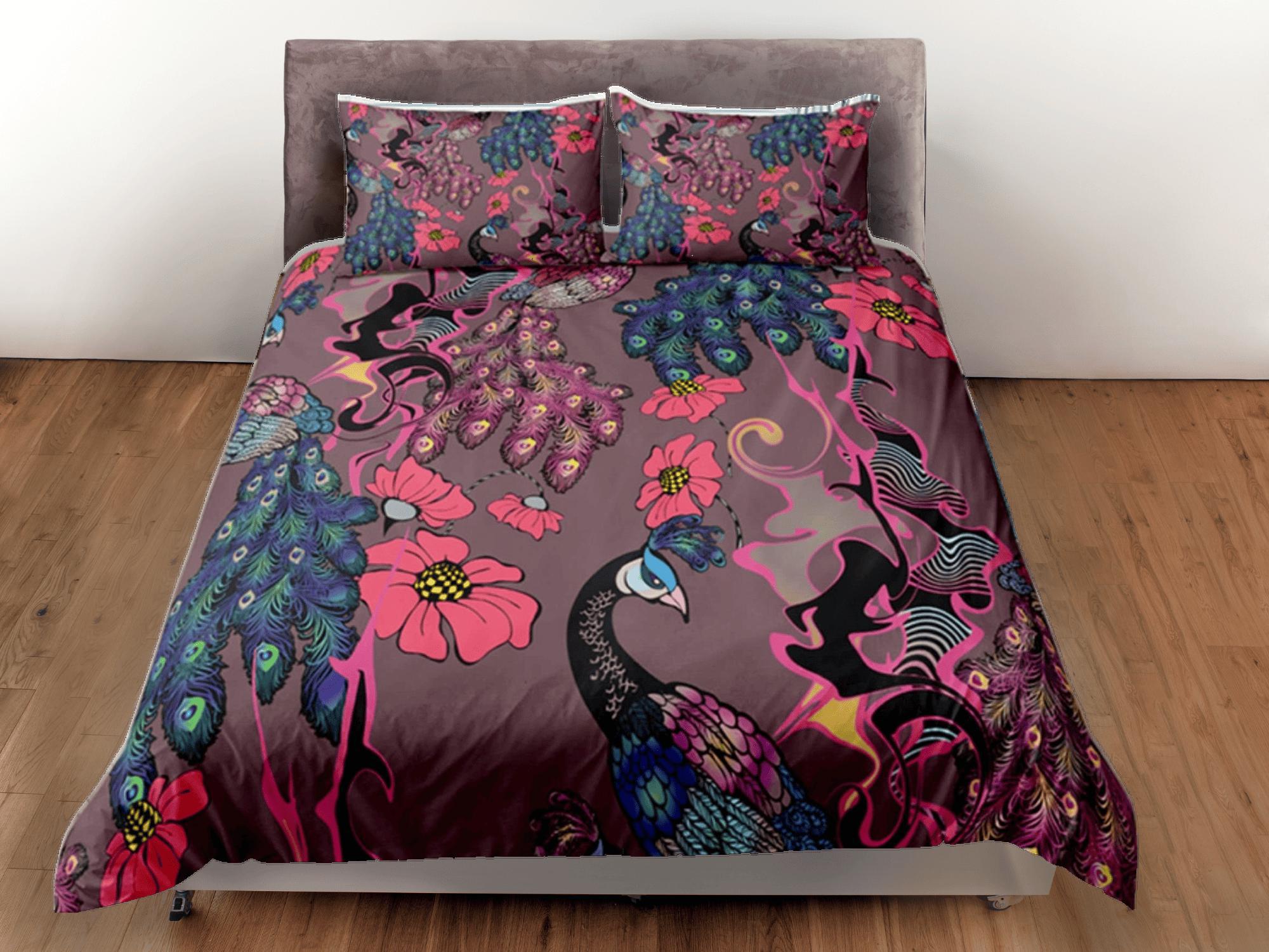 daintyduvet Peacock Floral Duvet Cover Violet Bedspread, Dorm Bedding Set Double