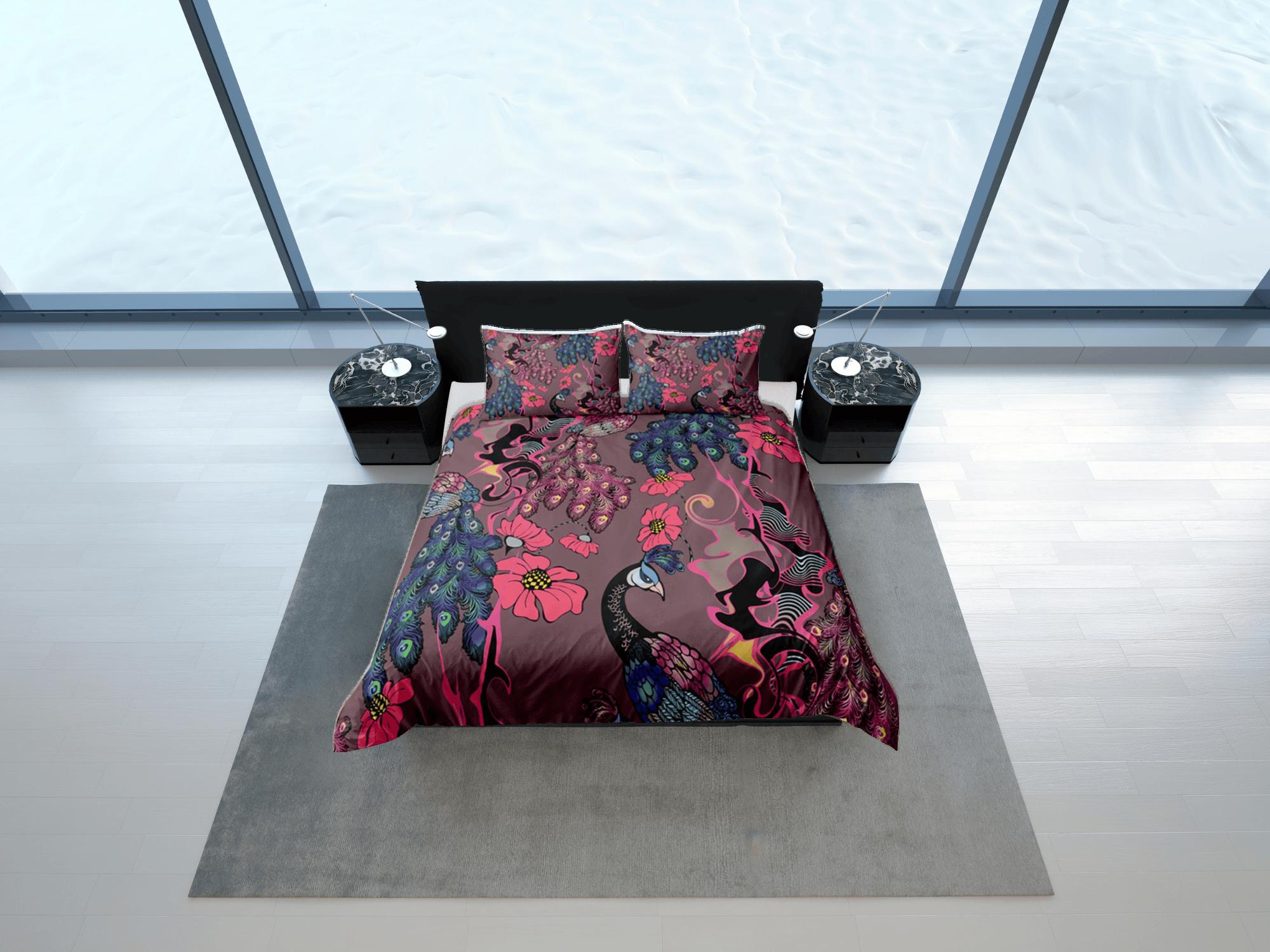 daintyduvet Peacock Floral Duvet Cover Violet Bedspread, Dorm Bedding Set Double