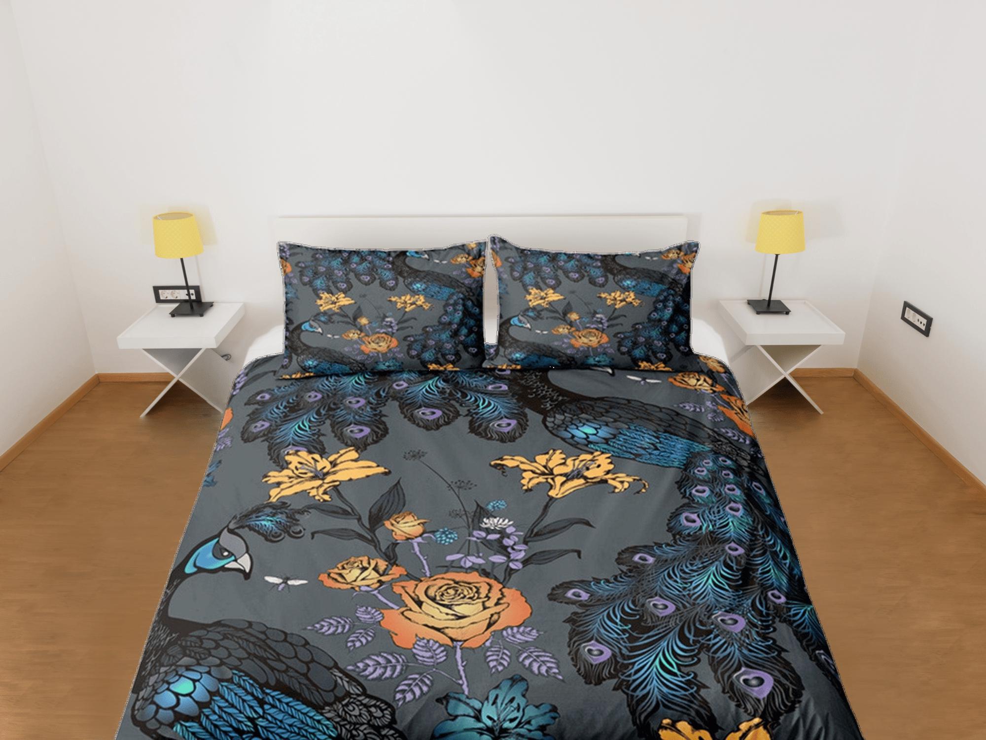 daintyduvet Peacock Grey Duvet Cover Set Bedspread, Floral Dorm Bedding, Single Bedding Double
