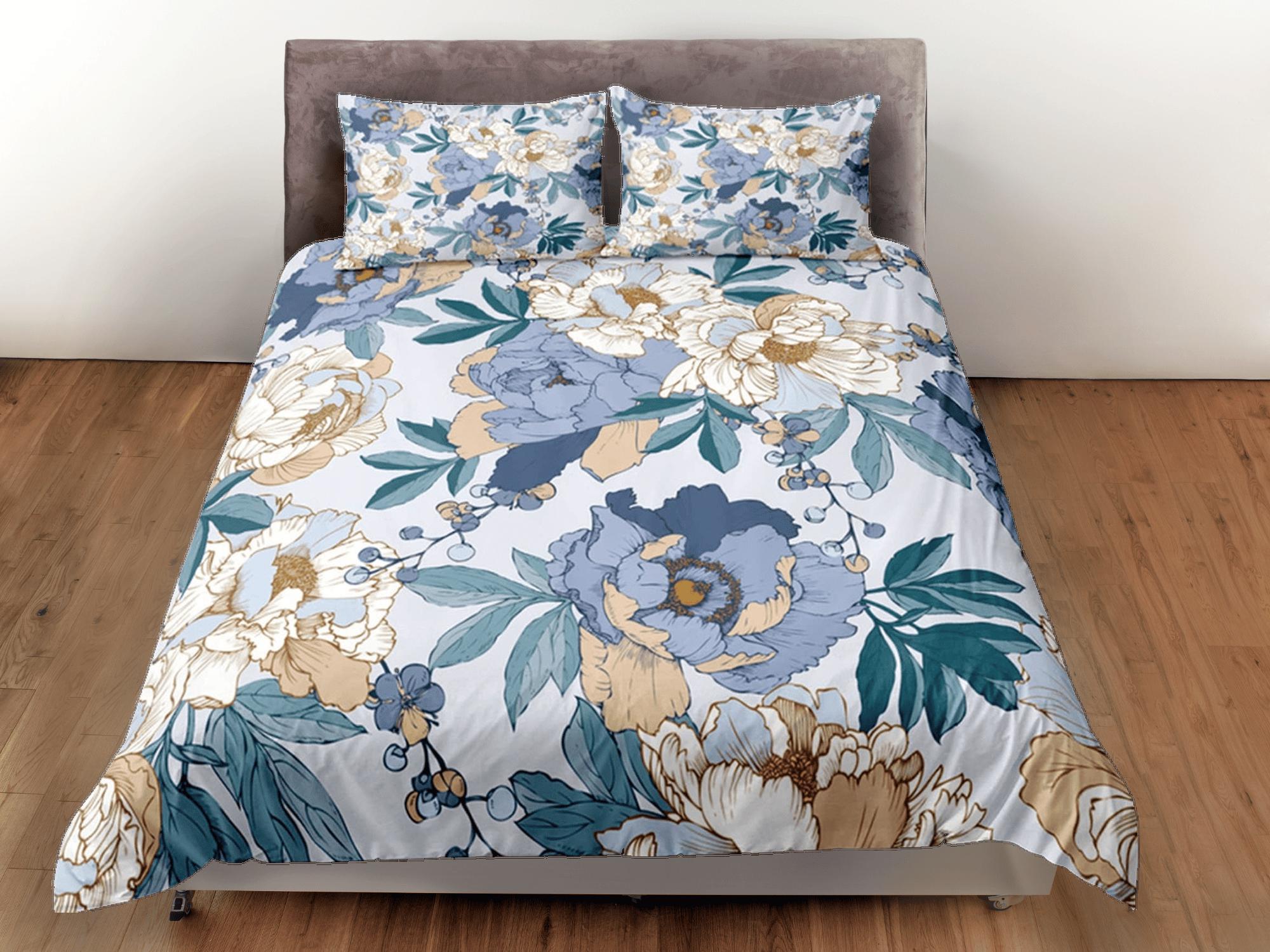 daintyduvet Peony Blue Duvet Cover Set, Floral Bedspread Dorm Bedding Set Single Bedding