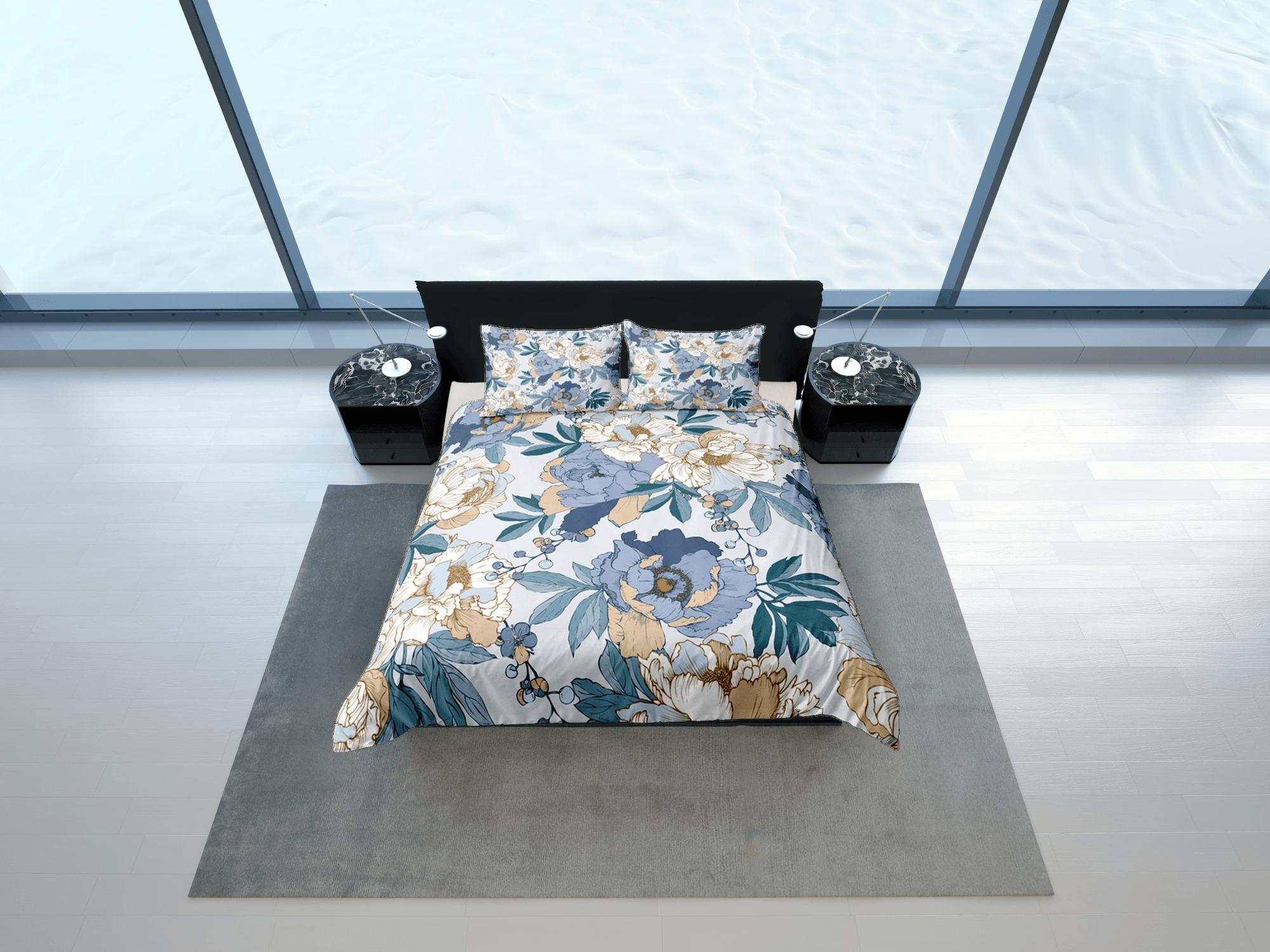 daintyduvet Peony Blue Duvet Cover Set, Floral Bedspread Dorm Bedding Set Single Bedding