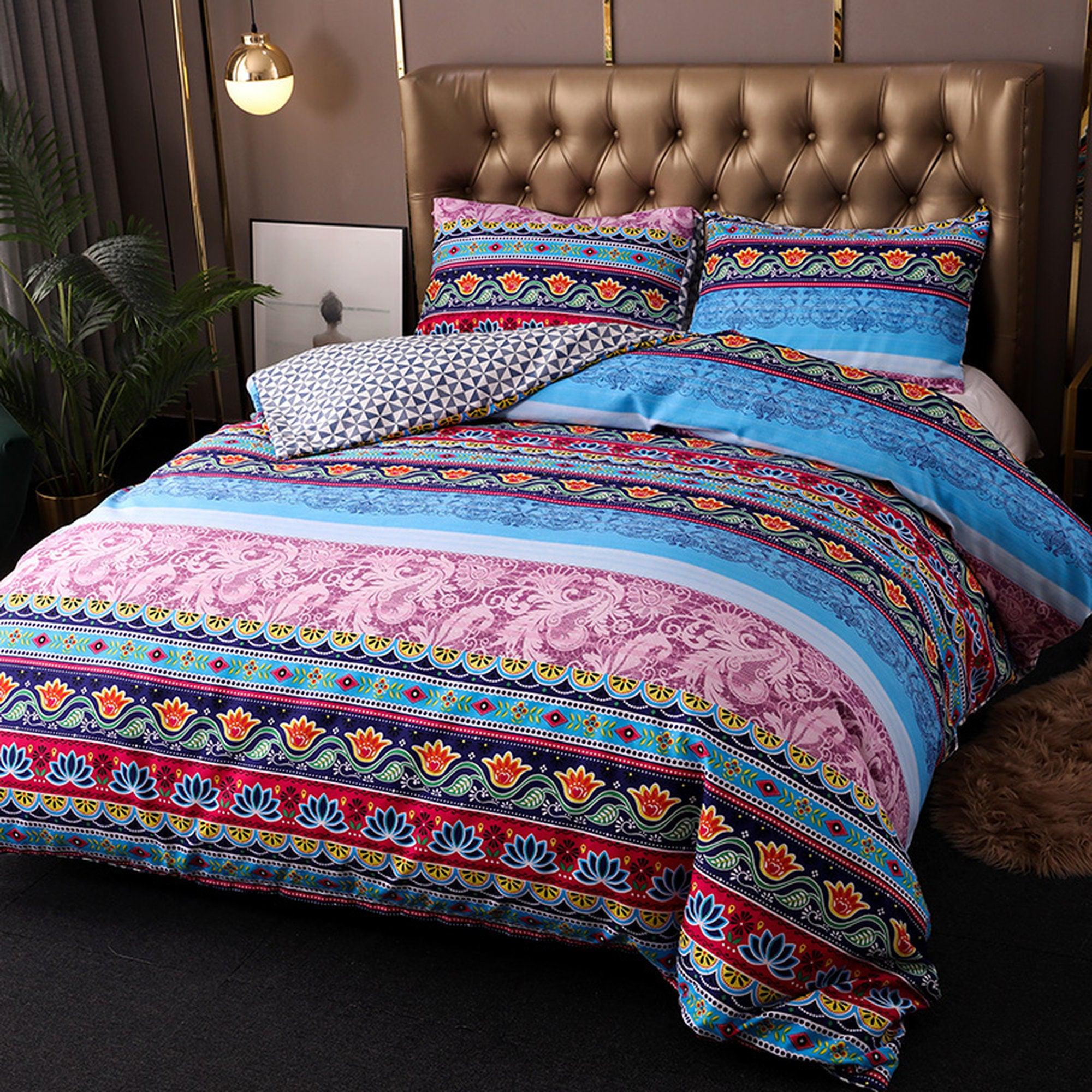 daintyduvet Pink Bohemian Blue Duvet Cover Set Boho Bedding, Hippie Dorm Bedding with Pillowcase