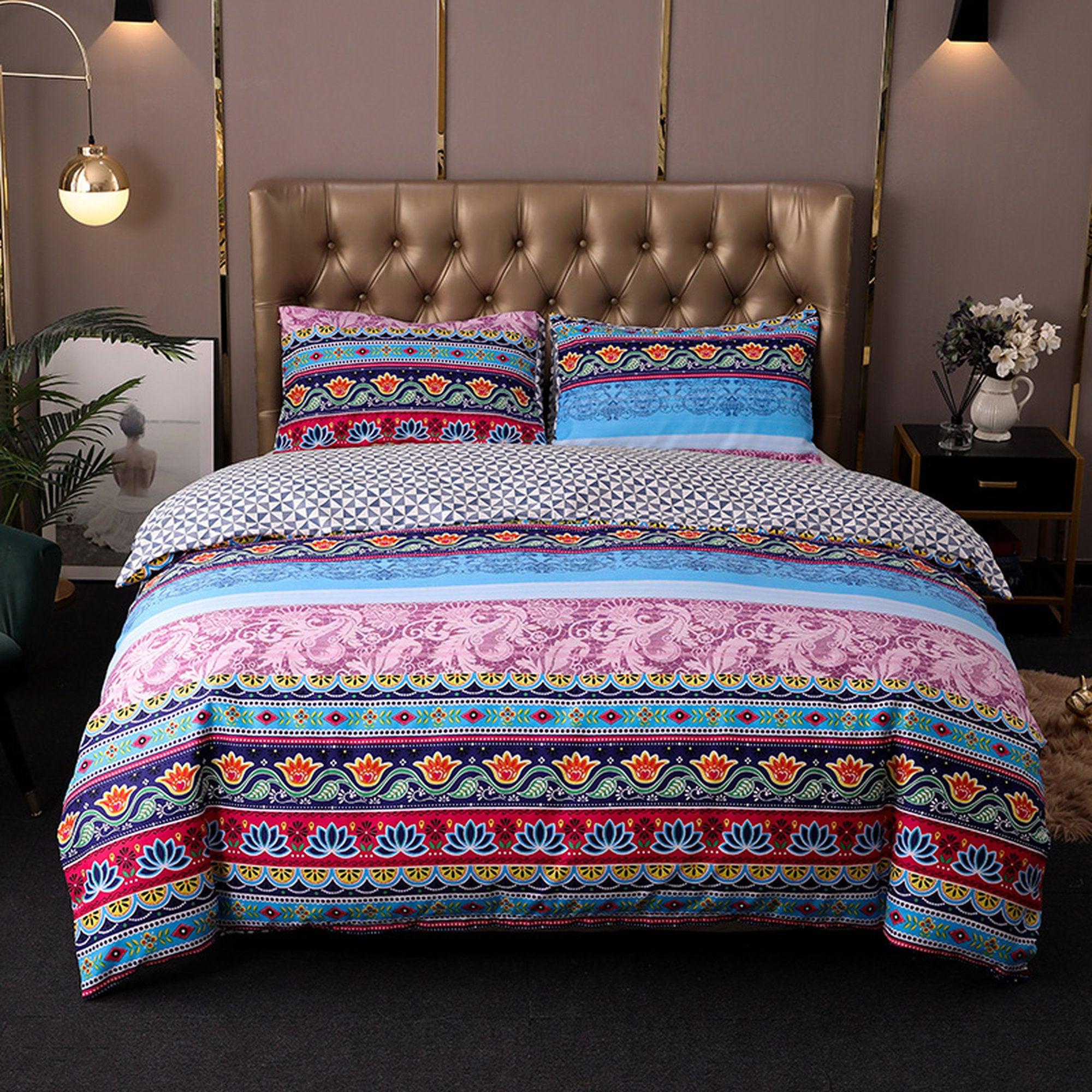 daintyduvet Pink Bohemian Blue Duvet Cover Set Boho Bedding, Hippie Dorm Bedding with Pillowcase