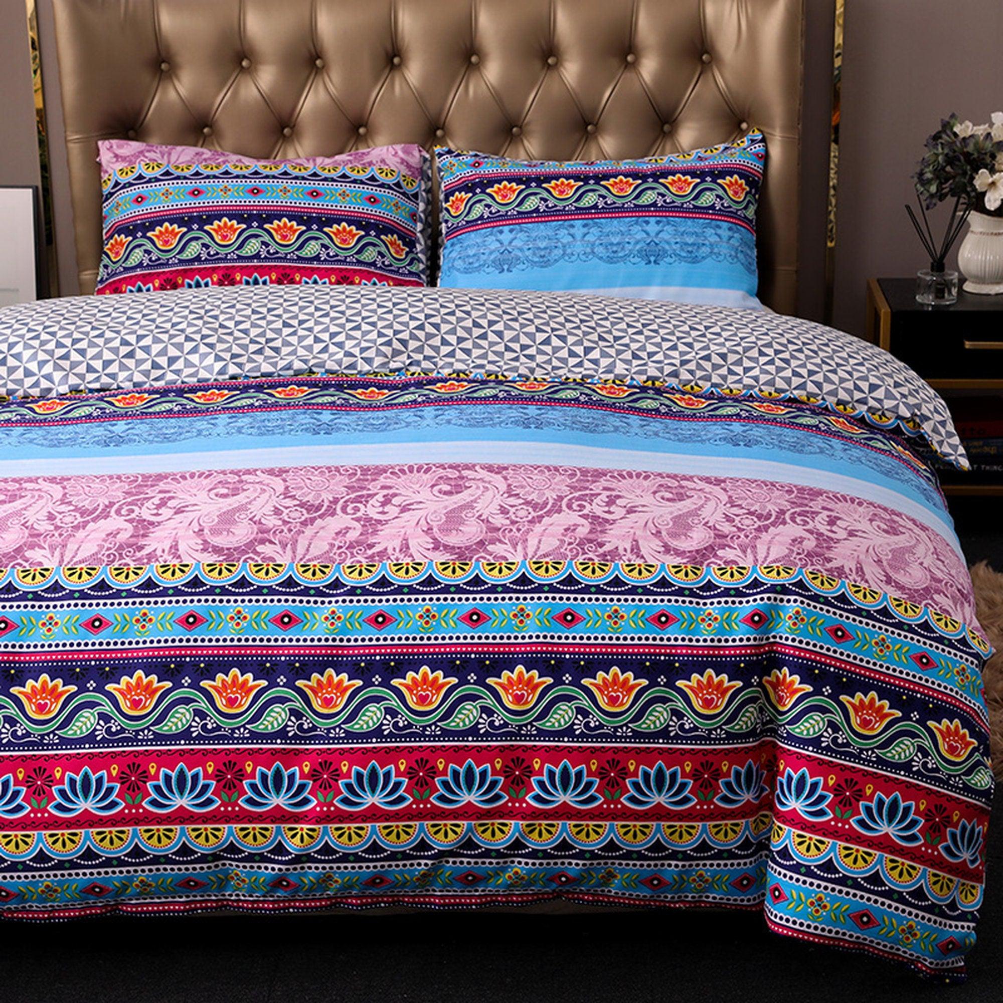 daintyduvet Pink Bohemian Blue Duvet Cover Set Boho Bedding, Hippie Dorm Bedding with Pillowcase