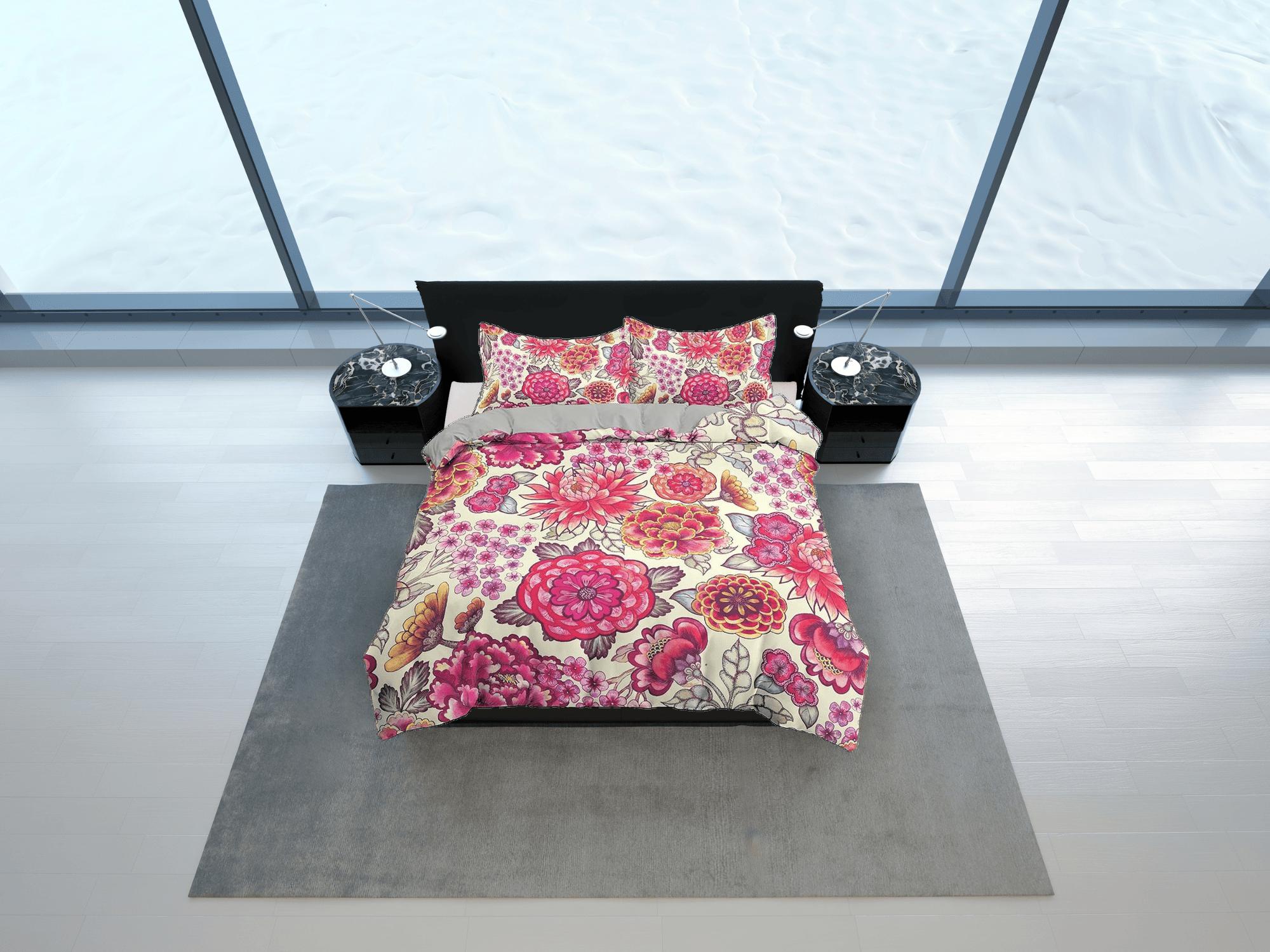 daintyduvet Pink camelia floral duvet cover colorful bedding, teen girl bedroom, baby girl crib bedding boho maximalist bedspread aesthetic bedding