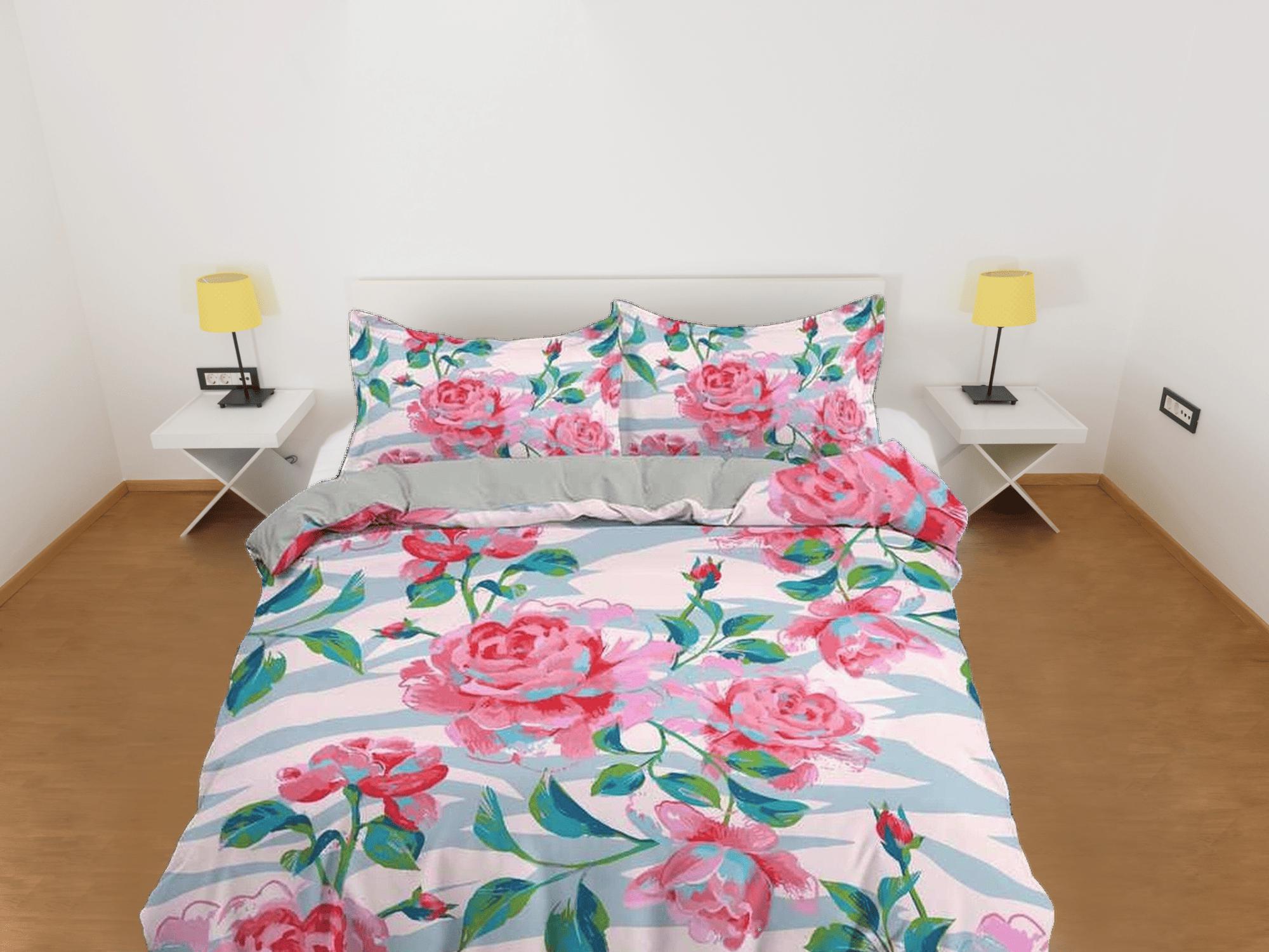 daintyduvet Pink carnation floral duvet cover colorful bedding, teen girl bedroom, baby girl crib bedding boho maximalist bedspread aesthetic bedding